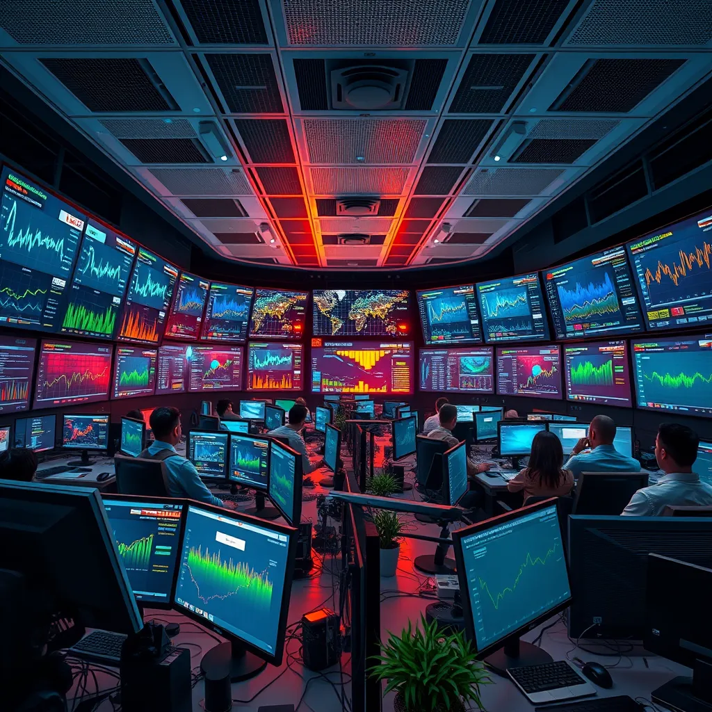 Create a dynamic, photorealistic image depicting a futuristic control room filled with multiple screens displaying colorful graphs and trending topics. The room should be illuminated with soft diffused lighting from overhead panels, creating a bright yet calming atmosphere. Incorporate a color palette of deep blues, vibrant greens, and warm oranges to reflect energy and urgency. Capture the scene from a slightly elevated angle, showcasing the intricate details of the screens and the focused expressions of a diverse team of analysts working intensely. Textures of sleek metal and glass should be prominent in the equipment and furnishings. Include ambient elements like plants or personal items on desks, adding a human touch. This image should be in the style of a contemporary tech office setting, with ultra-high definition (8K resolution), hyperrealistic details, and a sense of liveliness.