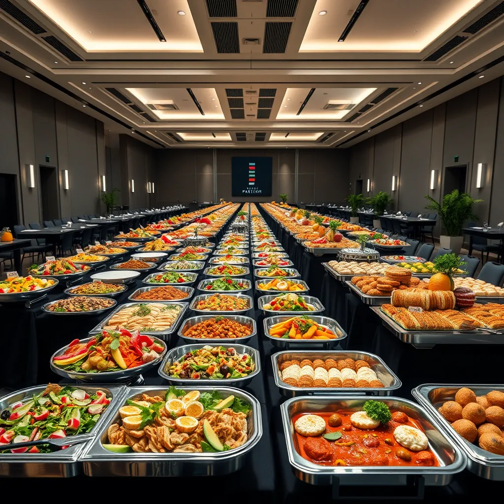Create a highly detailed, photorealistic image depicting a corporate catering event. A spacious, modern conference room is set up with rows of buffet tables laden with an array of gourmet dishes. The dishes include colorful salads, artisanal sandwiches, and elegant desserts, all presented with impeccable attention to detail. Soft diffused lighting bathes the room, emphasizing the freshness and vibrancy of the food. The color palette features professional blacks and silvers, with vibrant colors in the food presentation. The perspective is from a standing eye level, capturing the breadth of the display. Texture details highlight crisp linens, polished metal serving dishes, and the mouthwatering textures of the food. Environmental elements like minimalist decor, branded signage, and neatly arranged seating add to the professional atmosphere. Style reference is akin to high-end commercial food photography. Specifications include 8K resolution, hyperrealistic detail, and ultra-high quality.