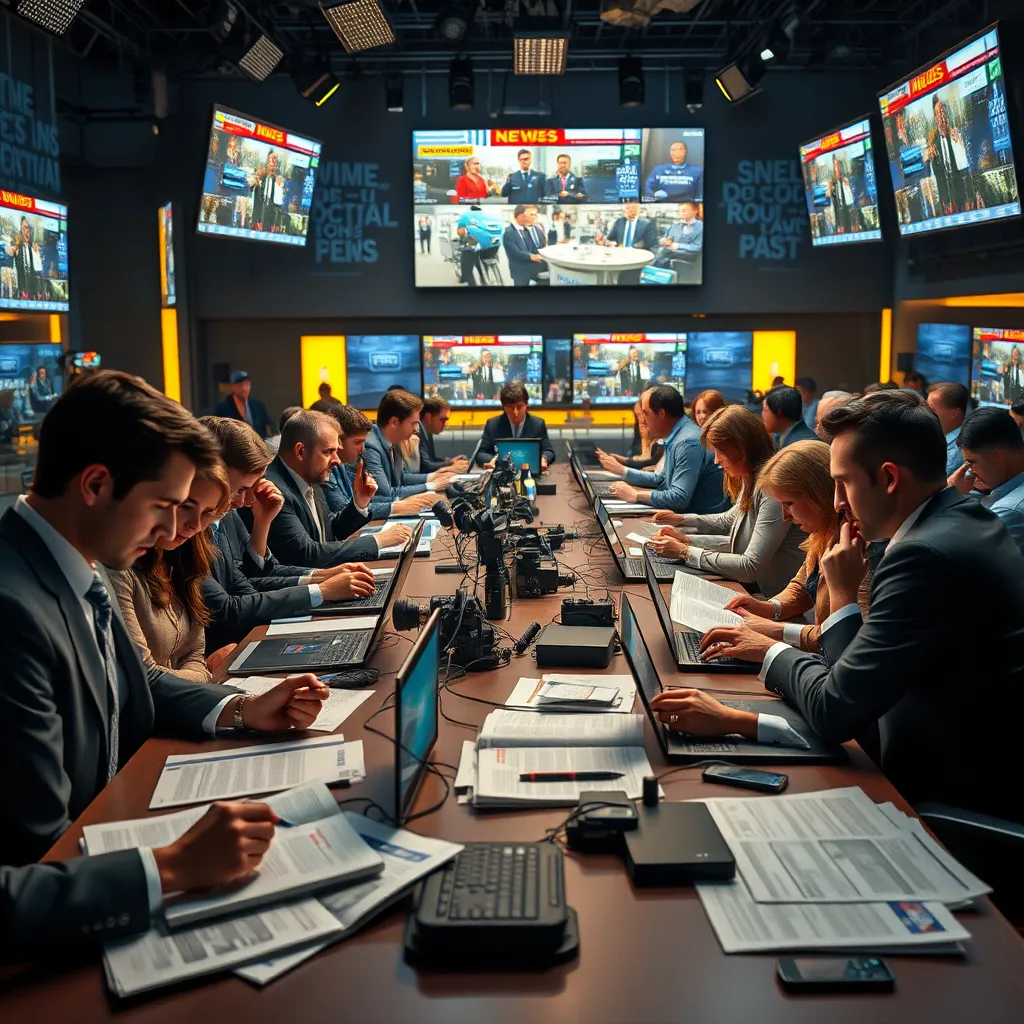 Create a hyperrealistic image of a bustling newsroom filled with reporters and anchors actively discussing breaking news. The scene is illuminated by soft diffused lighting which enhances the urgency of the moment. The color palette should consist of cool blues and warm yellows to convey professionalism and excitement. Capture the perspective from slightly above the desk, focusing on a diverse group of journalists intensely engaged with their laptops and phones. Textures include the sleek surfaces of modern technology, the crispness of newspapers on the desks, and the fabric of reporters' suits. In the background, display large screens showing live news coverage. Style references should evoke the work of renowned documentary photographer Steve McCurry, emphasizing human emotion and candid moments. The image should be in 8K resolution, ultra-detailed, capturing the essence of real-time news reporting.