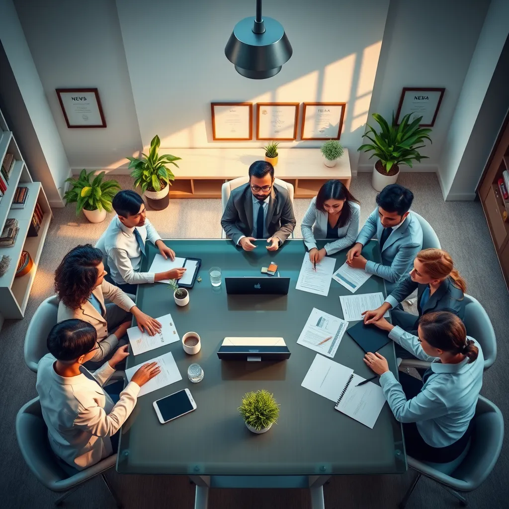 Create a photorealistic, ultra-high quality header image for NEWS.TAX. The composition should feature a diverse group of professional individuals, including a tax advisor and clients of various backgrounds, gathered around a sleek, modern conference table. Soft, natural lighting illuminates the room, creating a warm and inviting atmosphere. The color palette should consist of calming blues and greens, symbolizing trust and growth. Use a slight top-down camera angle, giving a bird's-eye view of the discussion, showcasing business documents, a laptop, and tax software on the table. Textures should be smooth and polished, reflecting a contemporary office environment with glass and wood materials. Elements such as potted plants and framed certificates in the background add professionalism. The style should evoke a modern corporate feel, with emphasis on clarity and collaboration. Render the image in 8K resolution, ensuring hyperrealistic details are captured beautifully., ultra high resolution, photorealistic, 8K, hyperdetailed, cinematic lighting