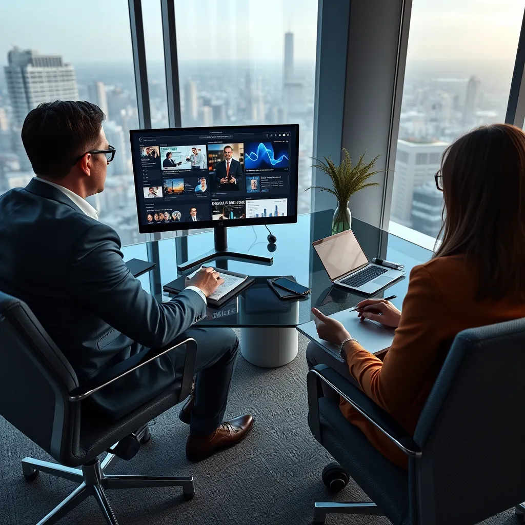 Create a photorealistic, ultra-high quality image of a professional news coach working one-on-one with a client in a modern office setting. The coach is seated at a sleek, glass-topped desk with a large computer monitor displaying various news websites and analytic tools. The client is engaged and taking notes on a laptop. Soft diffused lighting falls across the room, creating a calm and focused atmosphere. The color palette includes muted blues and grays, evoking a sense of professionalism and trust. The camera angle is an over-the-shoulder perspective focusing on the coach demonstrating media strategies. The desk is scattered with props like notebooks, pens, and smartphones, all emphasizing modern technology. The background features large windows offering a cityscape view. Render the image in 8K resolution, ensuring hyperrealistic details, especially in textures like the smooth glass desk, the fabric of the office chairs, and the cityscape outside. Style the image in the manner of a high-end commercial photograph.