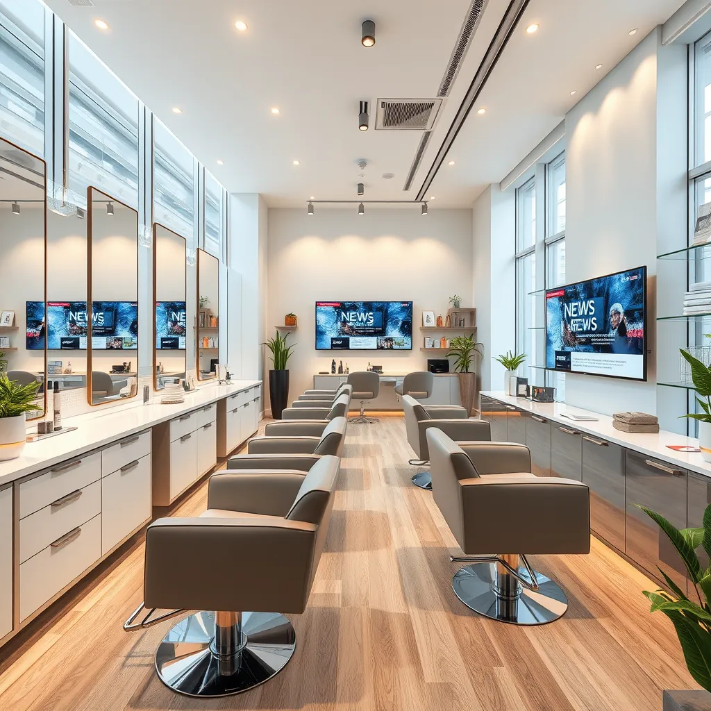Create a photorealistic, ultra-high quality header image for NEWS SALON, a business focused on Salon News. The subject matter is a chic, contemporary salon interior with a modern, sophisticated atmosphere. The composition should include stylish hairdressing chairs, sleek mirrors, beauty products neatly displayed on modern shelves, and a live news ticker running salon-related news on a screen. Lighting should be bright and inviting, with natural light streaming in from large windows combined with ambient salon lighting for a soft, warm glow. The color palette should feature a mix of neutral tones such as whites, grays, and beiges, accented with pops of metallic gold and green from indoor plants to create a fresh and elegant mood. The camera angle should be at eye level and slightly wide-angled to capture the spaciousness and detail of the salon. Texture and material details should be finely rendered, showcasing the smooth leather of the chairs, the glossy surfaces of countertops, and the softness of towels. Environmental elements should include chic decor items such as potted plants and framed pictures. Props like hairdressing tools, magazines, and coffee cups can be subtly placed to add realism. The style should be modern and luxurious, inspired by high-end fashion magazines. Ensure the image is rendered in 8K resolution and hyperrealistic for utmost clarity and impact., ultra high resolution, photorealistic, 8K, hyperdetailed, cinematic lighting
