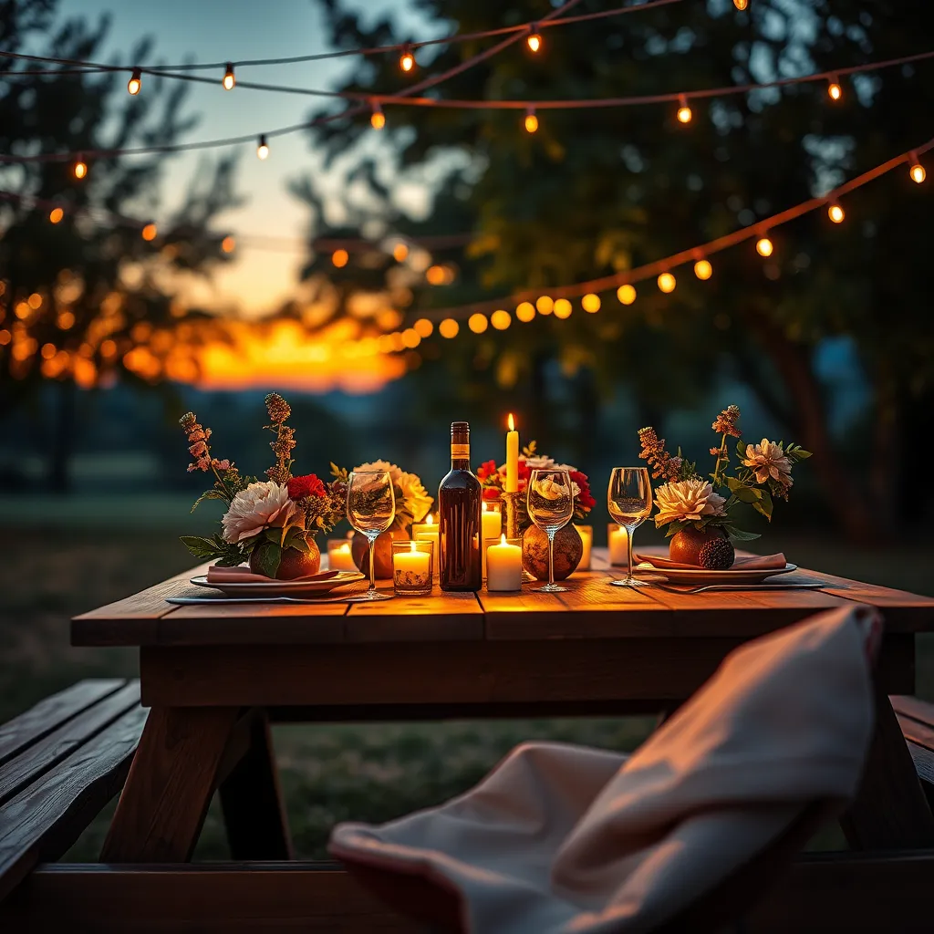 Create a photorealistic header image for ROMANTICPAGE.COM featuring a cozy, beautifully arranged outdoor setting for a romantic date. The composition should include a classic wooden picnic table adorned with vintage tableware, fresh flowers in elegant vases, and soft flickering candles. Capture the warm glow of twilight, with golden-orange hues fading into a deep blue sky, creating an inviting and intimate mood. The camera should be at eye level, focusing on the table setting while allowing a blurred background of lush green trees and fairy lights hanging above. Textures should include the smooth polish of glassware, the rustic charm of wooden surfaces, and the delicate softness of flowers. Include props like a bottle of wine and two glasses, adding depth to the scene. For style references, think of cinematic romance with an emphasis on warmth and nostalgia. Ensure the final image is in ultra-high 8K resolution, achieving a hyperrealistic finish to immerse viewers in a romantic atmosphere., ultra high resolution, photorealistic, 8K, hyperdetailed, cinematic lighting