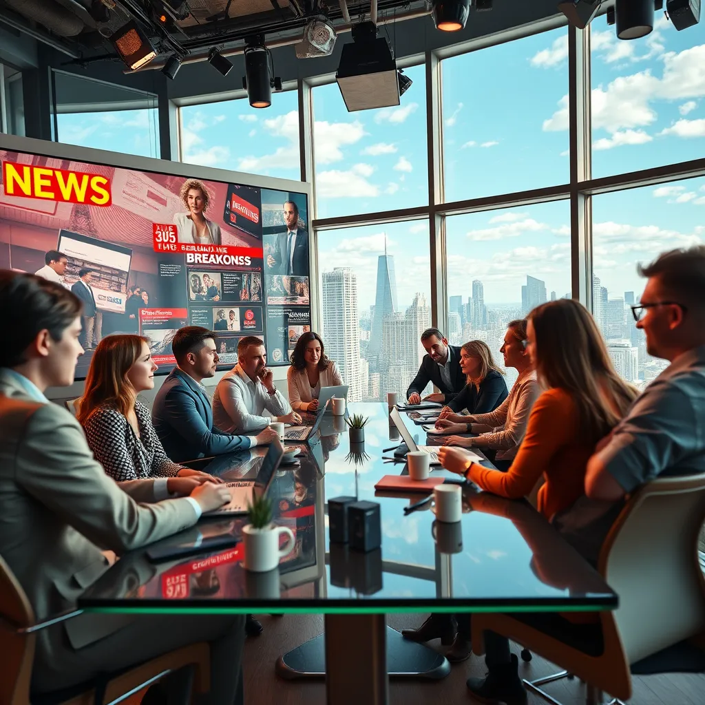 Create a photorealistic header image showcasing a diverse group of journalists gathered in a modern newsroom, actively discussing and analyzing news articles. The composition should include a large digital display board in the background highlighting breaking news, with vibrant headlines in red and gold colors. The lighting should be warm and well-distributed, creating an inviting yet professional atmosphere. Use a dynamic camera angle from slightly above eye level, looking down at the journalists to give a sense of action and urgency. Textures should include sleek metal and glass surfaces for the furniture, paired with warm wooden accents. Incorporate environmental elements like a large window showing a bustling cityscape in daylight, with a clear blue sky and scattered clouds. Relevant props such as laptops, notepads, and coffee cups should be scattered on the tables to add realism. The style should resemble modern corporate photography with a touch of documentary realism. Technical specifications aim for 8K resolution, hyperrealistic detail capturing each expression and interaction vividly., ultra high resolution, photorealistic, 8K, hyperdetailed, cinematic lighting