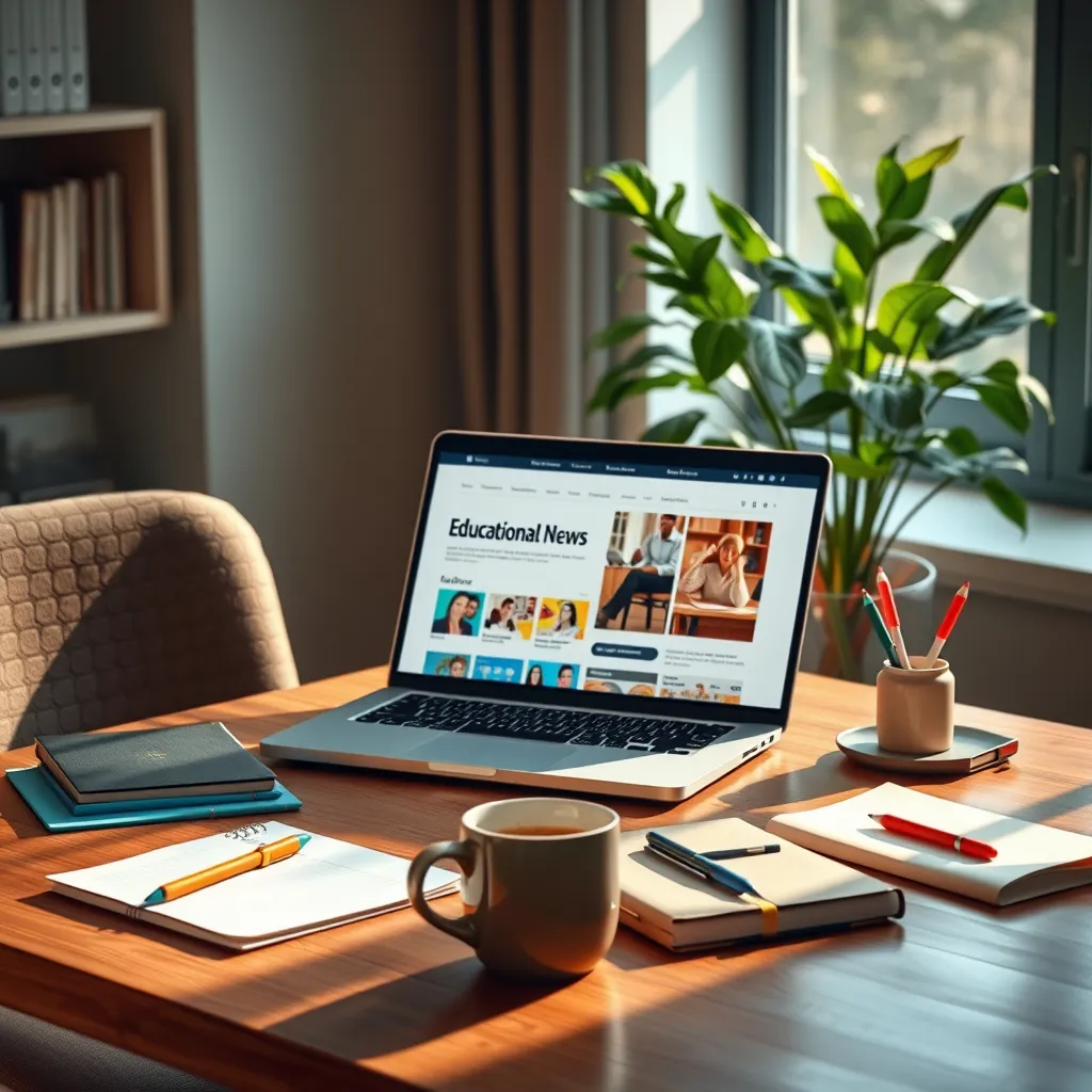 Create a photorealistic header image that captures the essence of an educational news platform. The central subject should be an open laptop on a modern desk, displaying a vibrant and engaging educational news website. Surround the laptop with elements like notebooks, colorful pens, and a steaming coffee mug, symbolizing the study environment. Use warm, natural lighting that emanates from a nearby window, casting soft shadows and creating a welcoming mood. The color palette should include earthy tones like browns and greens, complemented by bright pops of color from stationary. Capture the scene from a slightly elevated angle, providing a dynamic perspective of the desk. Focus on textures, highlighting the smoothness of the laptop, the soft fabric of the chair, and the wooden grain of the desk. Include environmental details like a houseplant in the background, adding a touch of life to the workspace. Aim for an 8K resolution, hyperrealistic style that conveys a professional yet inviting atmosphere., ultra high resolution, photorealistic, 8K, hyperdetailed, cinematic lighting