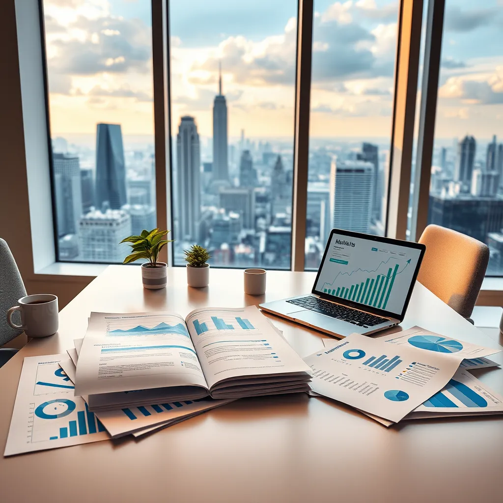 Create a photorealistic image of a modern office workspace with a large window overlooking a city skyline. The desk is cluttered with open market analysis reports, graphs, and a sleek laptop showcasing real estate data. Use soft diffused lighting to create a warm and inviting atmosphere, enhancing the glossy texture of the reports. The color palette should feature neutral tones with pops of blue and green, suggesting growth and opportunity. The camera angle should be slightly elevated, positioned to capture both the desk and the panoramic view outside. Include a potted plant and a coffee cup near the laptop for a personal touch. This image should reflect a sense of professionalism and insight into the property market, rendered in 8K resolution with hyperrealistic details.