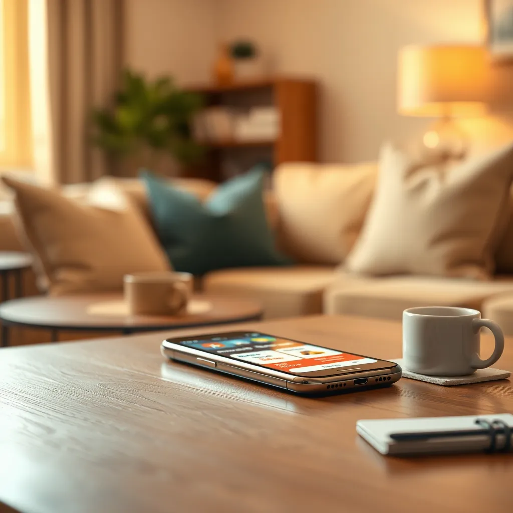 Create a photorealistic image of a smartphone displaying an alert notification for discounts. The phone is centered on a wooden table with a soft, blurred background of a cozy living room. Soft diffused lighting from a nearby window casts a warm glow on the scene. The colors are warm amber and beige, suggesting a welcoming mood. The phone’s screen shows visually appealing discount offers with bright colors, while the device itself has a sleek glass surface that reflects light beautifully. Include ambient elements like a coffee mug and a notepad to enhance the homely feel. Capture this scene from a slightly elevated angle to provide depth. Style this image in a hyperrealistic way, aiming for 8K resolution and ultra-detailed rendering, emphasizing the clarity of details in textures.