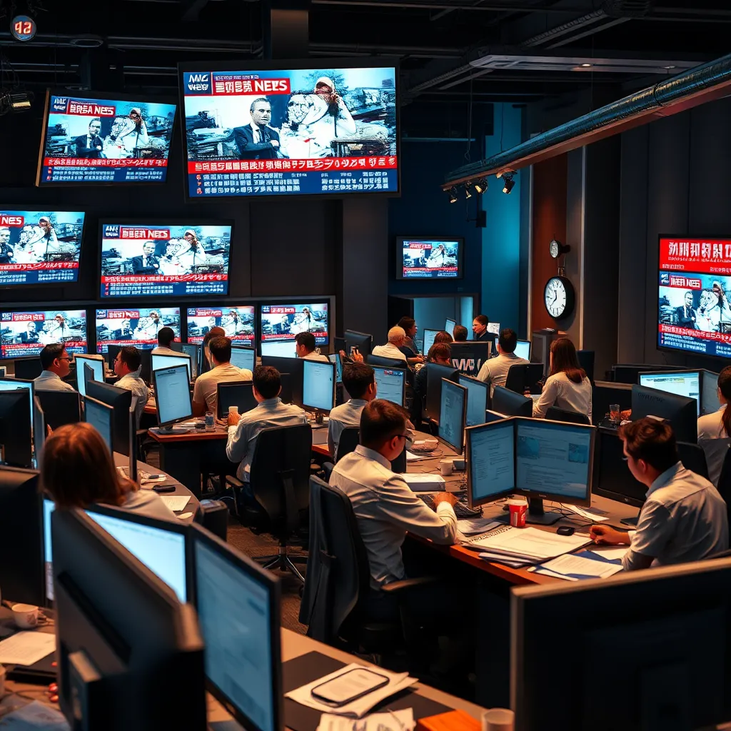 Create a photorealistic image of a diverse group of journalists in a bustling newsroom, intently focusing on monitors displaying breaking news alerts. Use soft diffused lighting to create a warm, engaging atmosphere. The color palette should include deep blues and bright whites, reflecting urgency and clarity. Capture the scene from a slightly elevated angle to showcase multiple workstations filled with computers and paperwork. Textures of modern office materials should be highlighted, with sleek metal surfaces and smooth glass elements. Include environmental elements like a large clock showing the time, colorful newsprint scattered on desks, and coffee cups, to immerse viewers in the hectic environment of news reporting. Reference the style of renowned documentary photographers for a candid feel. Aim for an ultra-detailed 8K resolution image that conveys the intensity and importance of real-time news coverage.