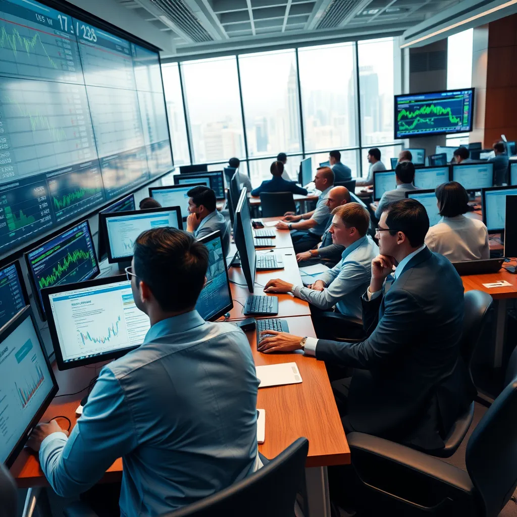 Create a photorealistic image of a modern office space filled with financial analysts, engaging with multiple monitors displaying real-time stock data. The composition should feature a diverse group of professionals, both men and women, intently focused on the screens. Use soft diffused lighting that casts gentle shadows, highlighting their expressions of concentration. The color palette should include cool blues and greens, symbolizing calmness and productivity. The camera angle should be slightly elevated, providing a bird’s-eye view of the scene, capturing the hustle and bustle of the market environment. Incorporate textured elements like polished wood desks and sleek metal monitors. Add environmental elements such as a large window showcasing a cityscape in the background, allowing natural light to filter in. The image should evoke a mood of urgency and professionalism, referencing styles seen in corporate films, with a technical specification of 8K resolution and hyperrealistic detail.