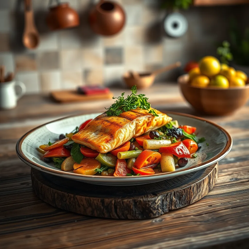 Create a photorealistic image of a beautifully plated dish, elegantly set on a rustic wooden table. The dish features vibrant, colorful ingredients such as roasted vegetables, grilled salmon, and a garnish of fresh herbs. Use soft diffused lighting to enhance the textures and colors, giving a warm and inviting mood. The background includes an out-of-focus kitchen setting with hanging pots and a bowl of fresh fruits on the counter, adding a cozy, homey feel. The camera angle should be slightly above the dish, focusing on the intricate details and textures, showcasing the chef's artistry. The color palette should be rich with greens, reds, and golds, evoking a sense of freshness. Aim for hyperrealistic quality with 8K resolution, capturing every detail sharply.