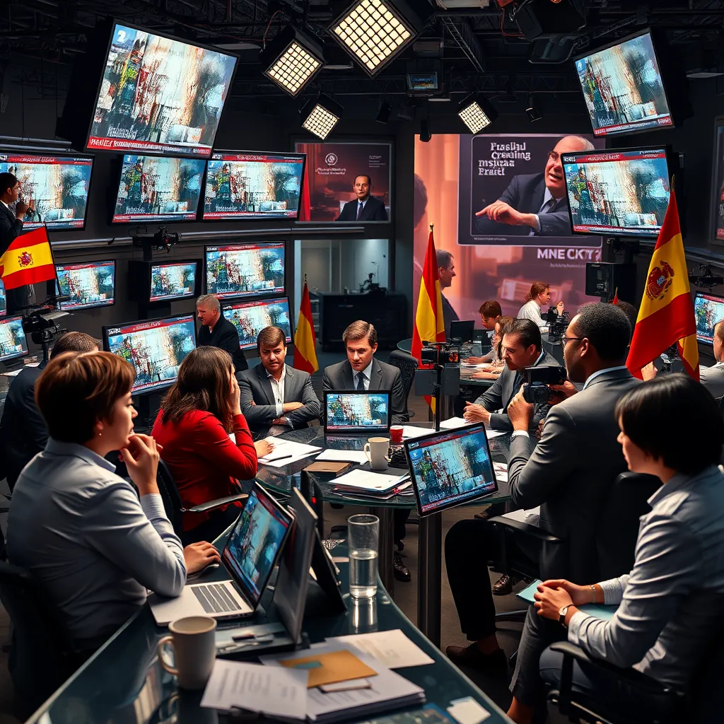 Create a photorealistic image depicting a vibrant newsroom filled with journalists from diverse backgrounds, engaged in lively discussion. Include elements like Spanish flags, cultural artifacts, and screens displaying headlines in Spanish, to emphasize multicultural representation.