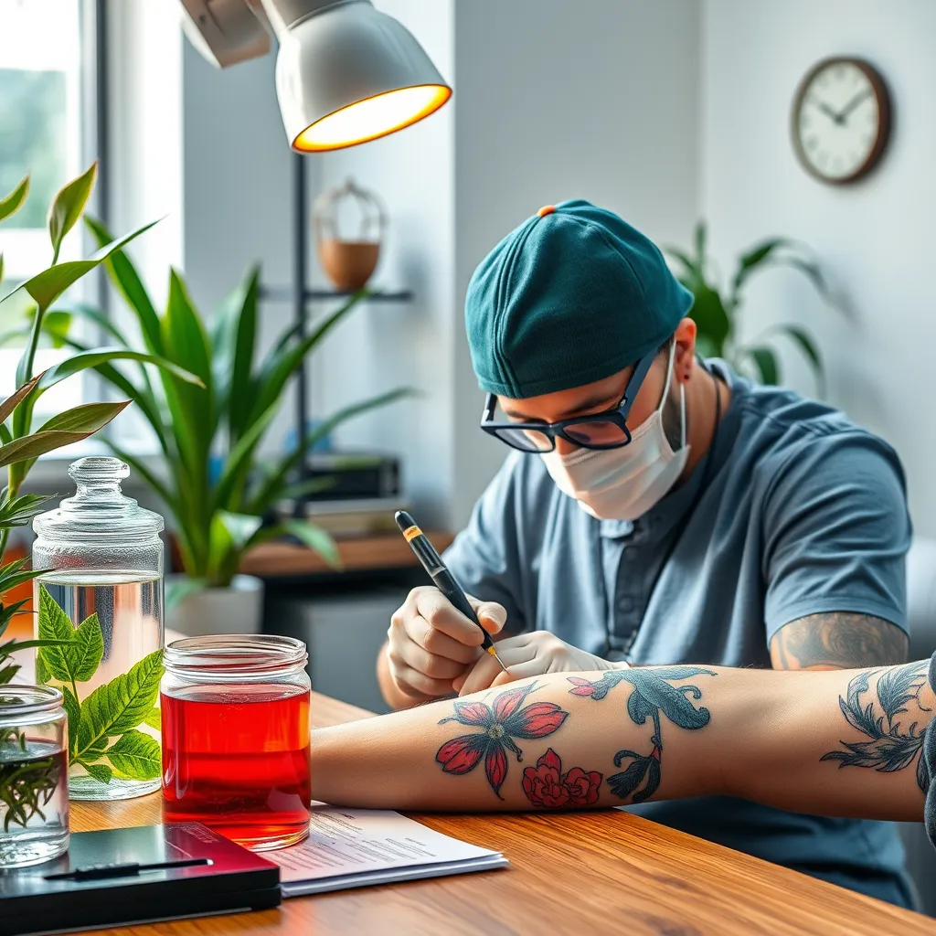 Create a photorealistic image of a tattoo artist in a modern studio, showcasing vibrant sustainable inks in glass containers, surrounded by plants and eco-friendly materials, with colorful tattoos being applied on a client's arm, emphasizing a fresh and clean aesthetic.