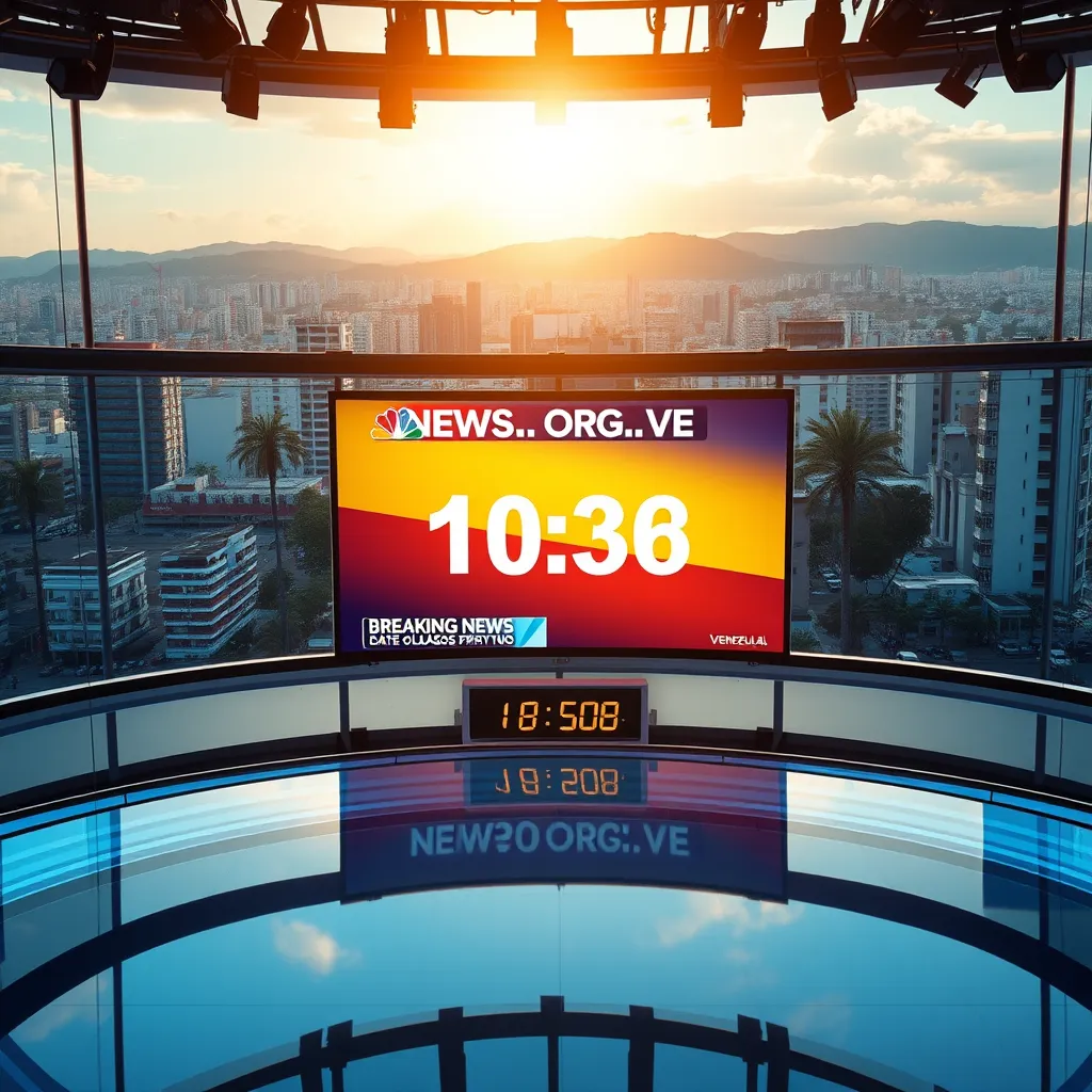 Create a photorealistic image that captures the essence of NEWS.ORG.VE, showcasing a bustling urban landscape of Caracas, Venezuela, in the background. The foreground features a modern, sleek broadcasting studio with a large screen displaying breaking news, headlines, and a clock showing current time. Use natural lighting with a warm golden hour glow to evoke a sense of urgency and optimism. The color palette should include vibrant tones of blue and orange, representing the Venezuelan flag. Capture the scene from a slightly elevated camera angle, giving a dynamic perspective that emphasizes both the studio and the city. Highlight textures of glass, metal, and digital screens for a contemporary feel. Include environmental elements such as palm trees and hills in the distance to reflect Venezuela's unique geography. Consider a hyperrealistic style with an 8K resolution output to enhance detail and clarity, ensuring the image resonates with viewers as a relevant news source., ultra high resolution, photorealistic, 8K, hyperdetailed, cinematic lighting