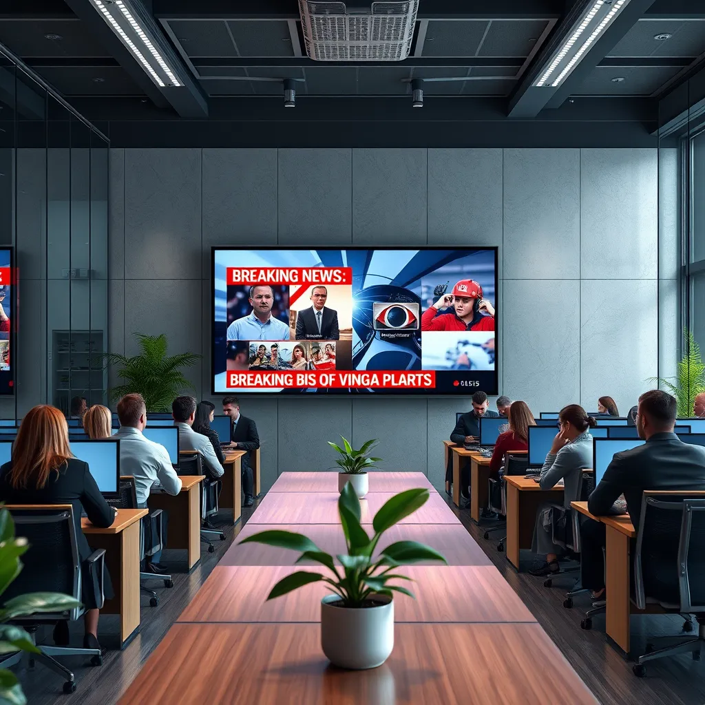 Create a photorealistic scene depicting a modern office space with a large wall-mounted screen displaying breaking news headlines. The screen shows vibrant graphics and bold text. The lighting is bright and focused on the screen, contrasting with the softly lit workspaces around it. Include a diverse group of professionals, intently looking at the screen, showing urgency and engagement. The color palette should incorporate bright reds and whites for the news alerts against a calming gray backdrop. The camera angle is slightly tilted from a high vantage point, capturing the intensity of the environment. Textures of sleek glass and polished wood surfaces are evident, and the office contains plants for added warmth. Style references can include a blend of contemporary newsrooms and corporate aesthetics. Make it hyperrealistic, 8K resolution, and ultra-detailed.