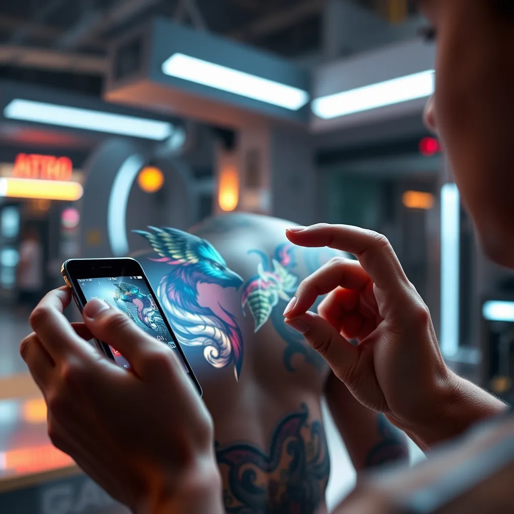 Create a visually stunning scene of a person interacting with an augmented reality tattoo using a smartphone, showcasing a tattoo that appears animated and vibrant on their skin, in a futuristic setting, blending traditional tattoo aesthetics with cutting-edge technology.