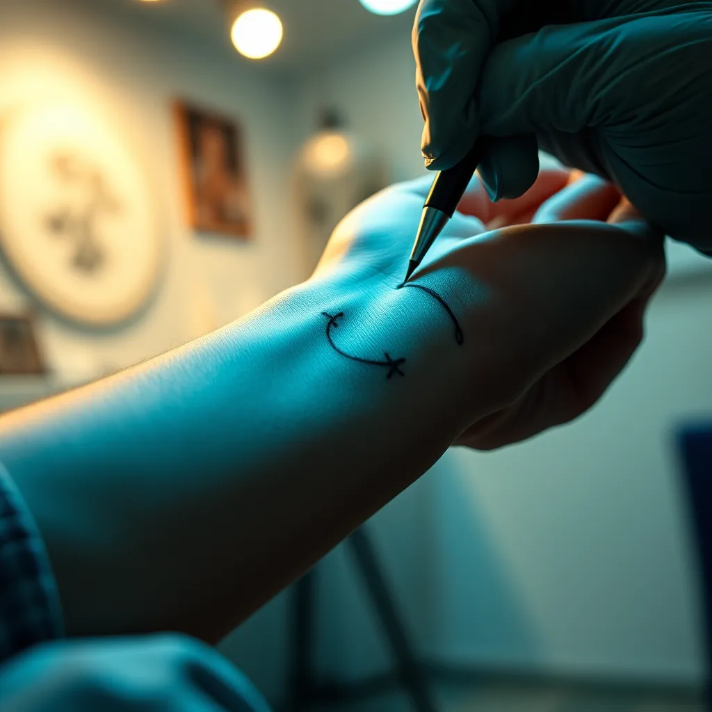 Create an image of a close-up view of a minimalist tattoo being inked on a person's wrist, featuring delicate line art and small symbols, in a serene tattoo parlor with soft lighting, conveying a sense of intimacy and individuality.