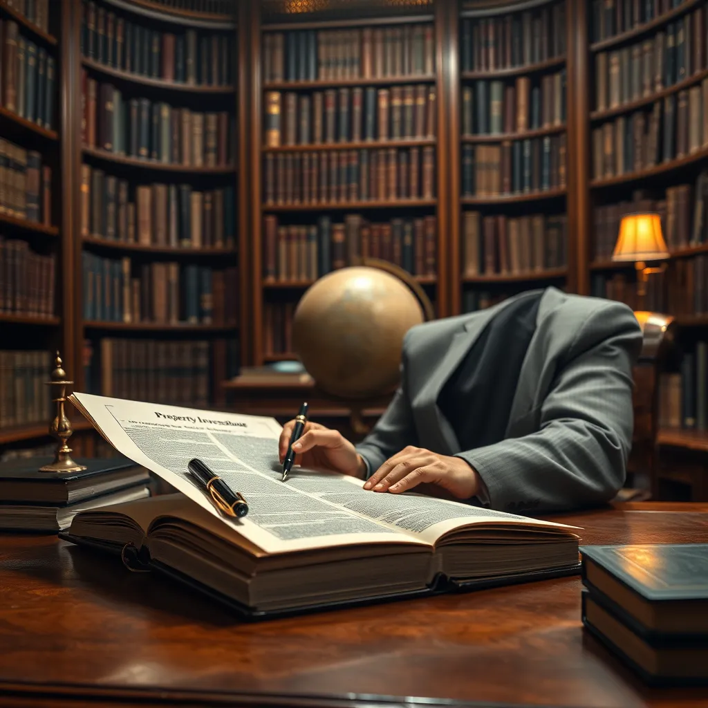 Design a captivating image of a sophisticated investor studying a detailed property investment guide in a lavish study filled with books. The scene should include a classic wooden desk with an open guide on one side, adorned with an elegant fountain pen, and a vintage globe in the background. Utilize dramatic side lighting to highlight the textures of the desk and the intricate details of the book's cover. The mood should feel authoritative and intellectual, with a rich color palette of deep browns and golds. Position the camera at eye level to emphasize the depth of the study and create an immersive experience. The image should achieve ultra-detailed, hyperrealistic quality in 8K resolution, reminiscent of classic oil paintings depicting wealth and knowledge.