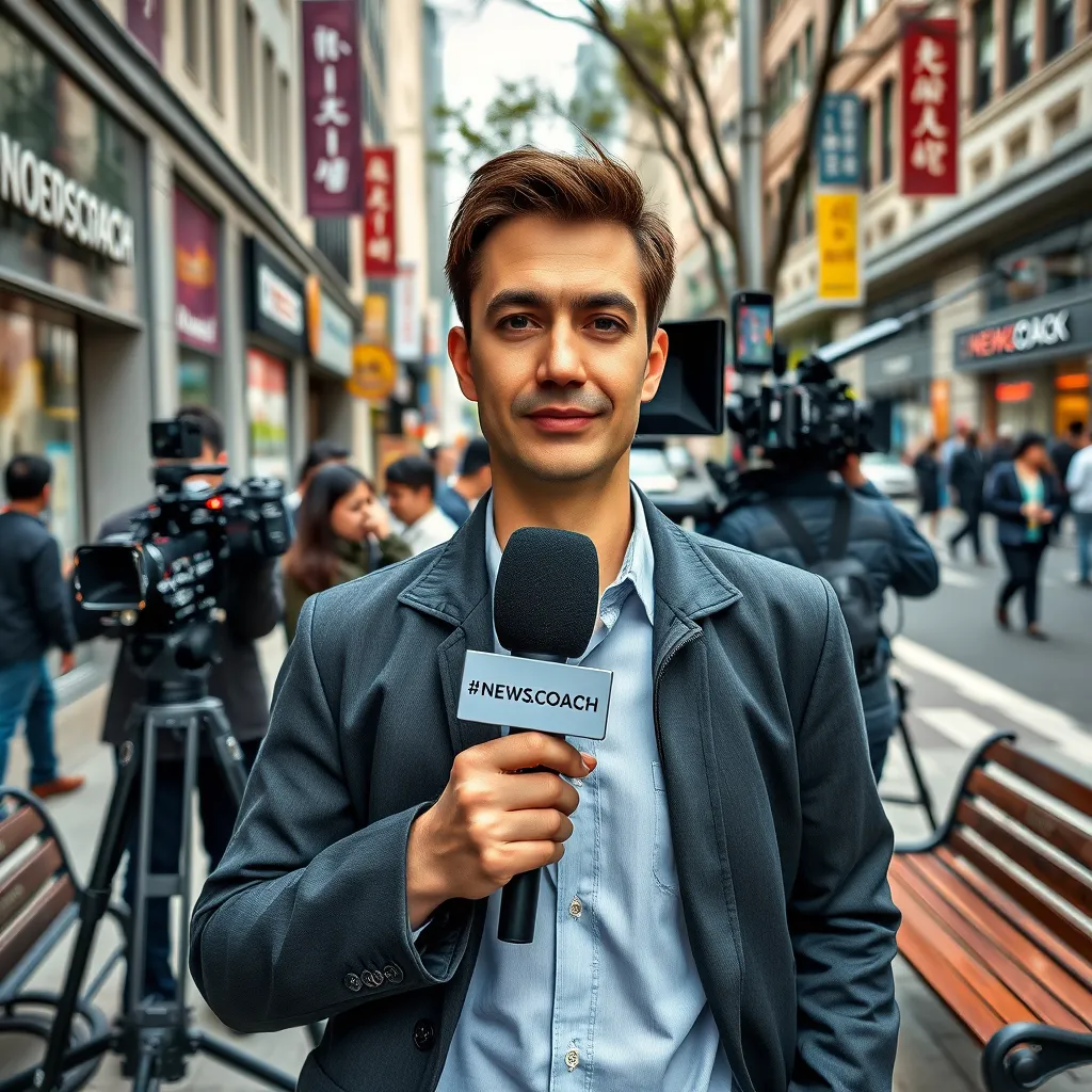 Design a highly detailed, photorealistic image of an outdoor live reporting training session. In the foreground, a news reporter stands confidently, holding a microphone with the NEWS.COACH logo. Behind, a small crew operates cameras and lighting equipment. The setting is a busy urban street with passerby and dynamic backgrounds like storefronts and traffic, under natural daylight with soft shadows. The color palette includes urban tones like grays, blacks, and a touch of vibrant colors from signs and clothing. The camera angle is at eye level, capturing the reporter from a slight side perspective, focusing on their professionalism. Textures like the metal and glass of camera equipment, the fabric of the microphone cover, and the reporter's attire are ultra-detailed. Environmental elements include urban props such as street signs, parked cars, and city benches. Render the image in 8K resolution, ensuring hyperrealistic quality with a style reminiscent of photojournalistic excellence.