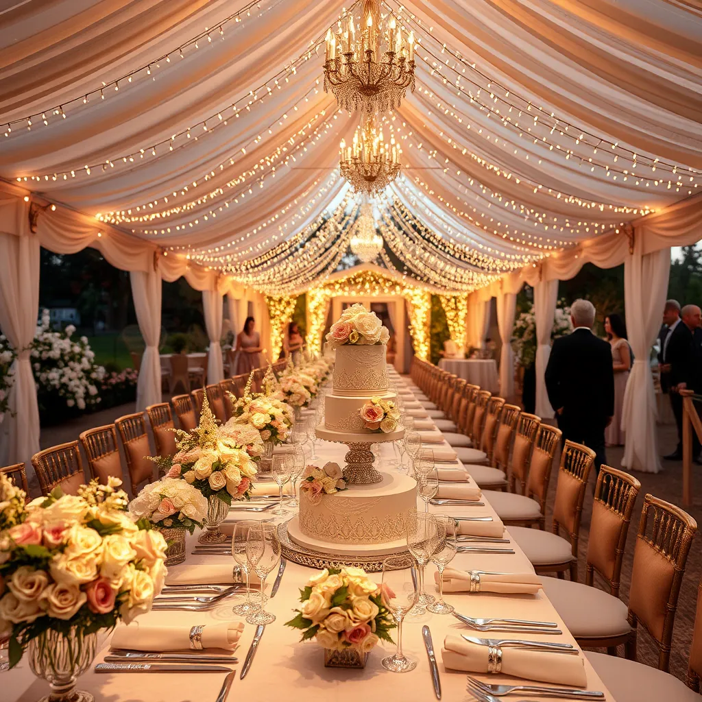Design a photorealistic, ultra-high detail image of a luxury wedding catering scene. The setting is an opulent outdoor venue under a grand marquee adorned with twinkling fairy lights. Long tables are festooned with lavish floral arrangements, crystal glassware, and elegantly folded napkins. The centerpiece is a multi-tiered wedding cake, intricately decorated with fondant and fresh flowers. Soft, romantic lighting casts a golden glow over the scene, enhancing the romantic atmosphere. The color palette combines pastels with metallic golds and silvers, embodying elegance and romance. The camera angle is a wide shot from a slight diagonal, capturing the entire ambiance. Textures from the delicate floral arrangements, the sheen of the glass and silverware, and the intricate details of the cake are meticulously defined. Background elements include beautifully dressed guests, a lush garden replete with blooming flowers, and a clear evening sky. In style with top wedding photographers for a fairy-tale-like feel. The image should be in 8K resolution, photorealistic, and extraordinarily detailed.