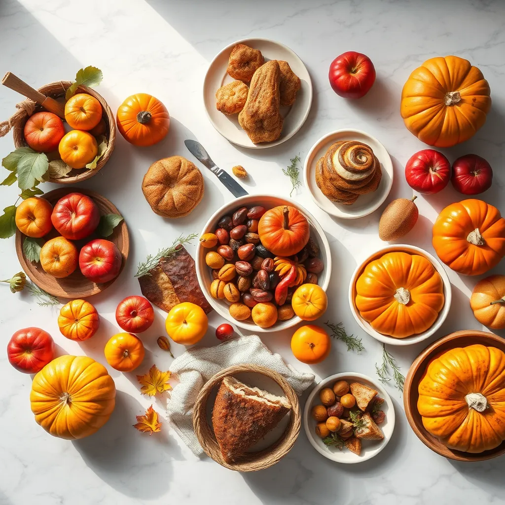 Design a stunning flat lay of seasonal ingredients and dishes on a beautiful marble countertop. Include ripe autumn fruits like apples and pears, alongside colorful vegetables such as pumpkin and squash, artistically arranged with freshly baked pastries and herbs. The scene should be lit with bright, natural light that accentuates the freshness and vibrancy of the ingredients, creating an uplifting atmosphere. The color palette features warm oranges, deep reds, and earthy greens, evoking a sense of harvest and abundance. Incorporate rustic elements such as a woven basket or a linen cloth underneath, providing texture contrast. Use a top-down camera angle to capture the entire collection clearly, aiming for hyperrealistic detail in 8K resolution to showcase every aspect of this seasonal delight.