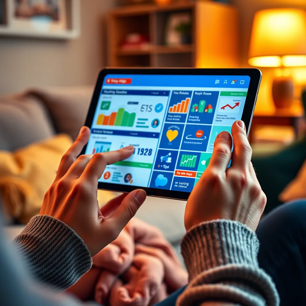 Design a vibrant and engaging image of a digital interaction where a user is exploring an interactive buying guide on a tablet. The scene should depict a close-up view of the hands holding the tablet, showcasing a colorful and informative interface filled with charts, products, and tips. The background should be blurred with a cozy home setting, featuring a comfortable sofa and warm lighting from a nearby lamp. Use a cheerful color palette emphasizing bright blues, greens, and orange accents that create a friendly and accessible atmosphere. Capture the image at a slight angle to focus on the device, with reflections of the tablet screen visible on the user’s fingertips. Include texture details like the textured fabric of the sofa and glossy surfaces of the tablet. The overall ambiance should reflect a sense of ease and engagement, stylistically hinting at modern app design, with specifications for hyperrealistic clarity and 8K resolution.