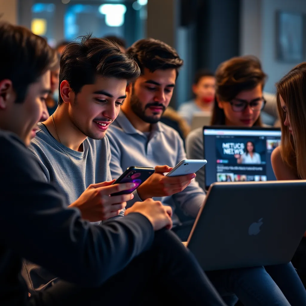 Design a visually striking image of a young audience engaging with Spanish news content on their smartphones and laptops. Include a split screen showing social media apps on one side and a news website interface on the other, emphasizing the integration of technology and news.