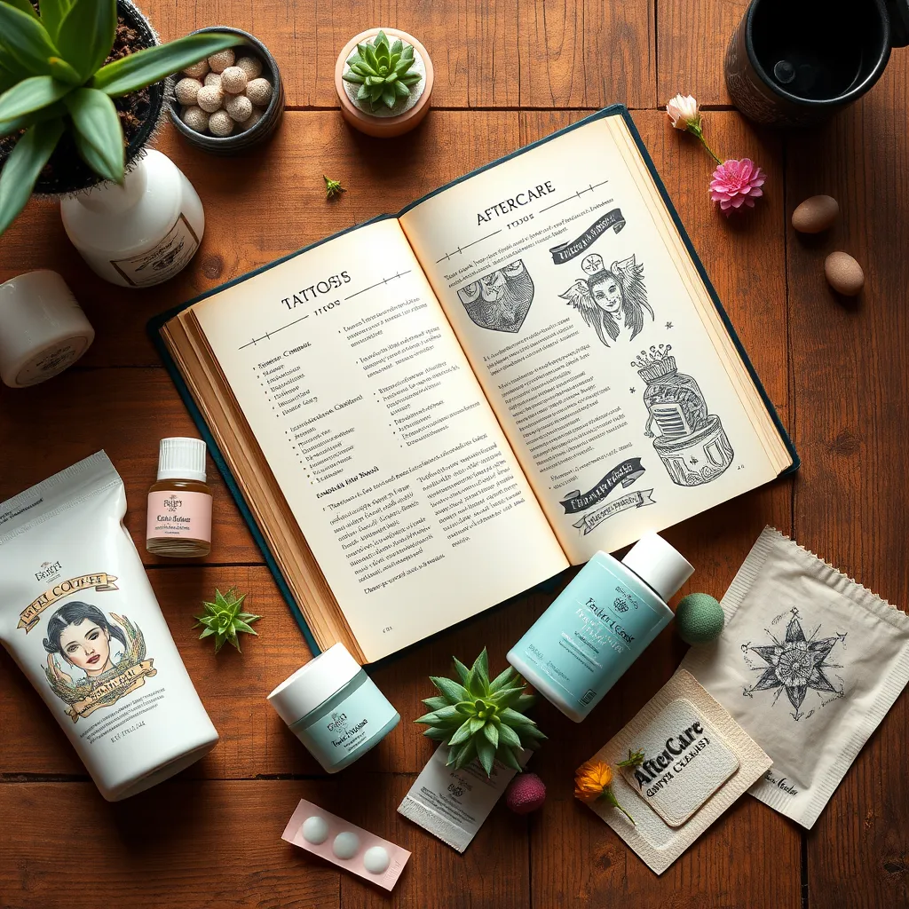 Design an informative yet artistic composition illustrating tattoo aftercare tips. The image should display a beautiful open book with illustrated pages showing detailed instructions for aftercare, surrounded by stylish tattoo-related products like soothing ointments, gentle cleansers, and vibrant bandages. Use soft diffused lighting to create an inviting mood, with a color palette of pastel shades that does not overpower the main subjects. The perspective is from a bird's-eye view, capturing the layout of the book and products on a rustic wooden table. Include natural elements like small succulent plants and flowers to enhance the fresh and healing theme. The textures should be soft and inviting, representing the products' gentle nature. This hyperrealistic image should be in 8K resolution, blending artistry and informative content seamlessly to appeal to tattoo enthusiasts seeking aftercare guidance.