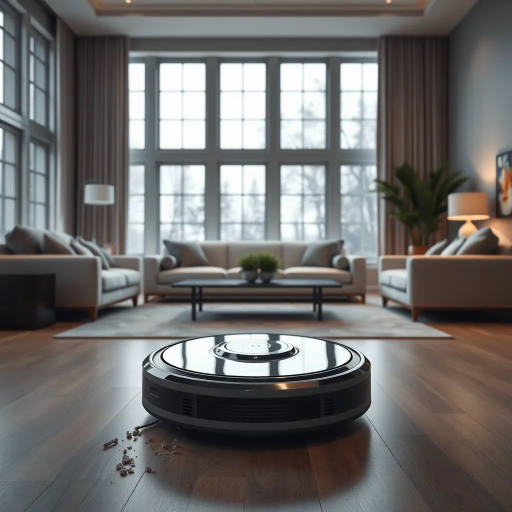 Detailed photorealistic scene of a modern, sleek robotic vacuum cleaner in an elegantly furnished living room with large windows. The robot should be in action, picking up dirt, showcasing advanced tech and smooth surfaces.