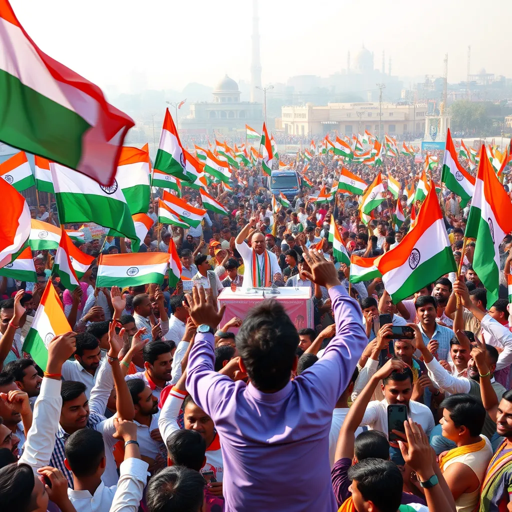 Energetic campaign rally in India, capturing a diverse crowd with flags and banners representing different political parties. Include vibrant colors, enthusiastic supporters, and a stage with a charismatic leader addressing the crowd, set against a backdrop of an iconic Indian cityscape.