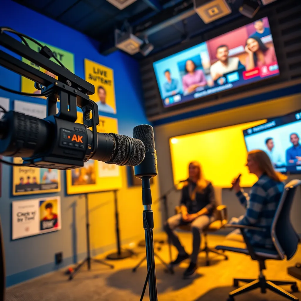 Envision a modern media studio setup, featuring a high-definition microphone and cameras poised for recording a podcast episode. The scene should be brightly lit with dramatic side lighting emphasizing the host and guest. Use a vibrant color palette with contrasting shades of blues and yellows, resulting in a lively and energetic mood. Capture the image from a low angle to showcase the equipment and the engaged expressions of the hosts while they discuss current topics. Diverging textures such as rugged metal from microphones and soft fabric from the soundproof walls should be prominent. Set the background with colorful posters representing various podcast themes and a digital screen displaying live audience comments, adding depth and interest. The style reference should parallel modern streaming platforms to attract contemporary viewers. Ensure the final image is rendered in 8K resolution, hyperrealistic, and ultra-detailed, encapsulating the essence of multimedia reporting.