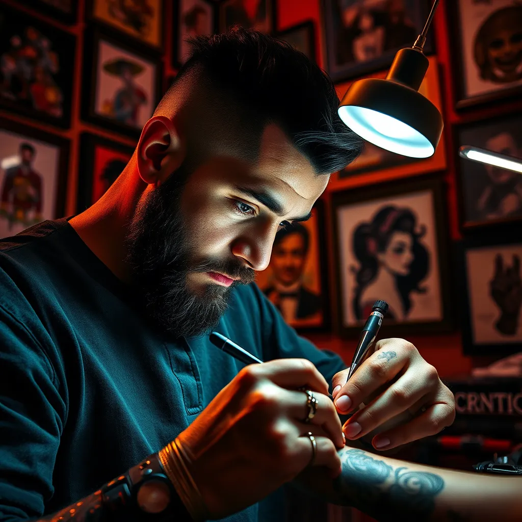 Generate a captivating portrait of a renowned tattoo artist in their studio, immersed in the process of tattooing. The image should feature dramatic side lighting that accentuates the artist’s focused expression as they work with precision. Include fine details such as the vibrant colors of the ink and the intricate design being inked onto a client's forearm. The background should reveal an eclectic collection of tattoos showcased in framed art pieces, invoking a sense of history and artistry. Use a warm color palette to create a dynamic yet intimate atmosphere. The camera angle is close-up, highlighting the interaction between the artist and the client while emphasizing the artistry in the tattoo process. The image must be hyperrealistic, ultra-detailed, and in an 8K resolution to bring life to the passion of tattoo artistry.