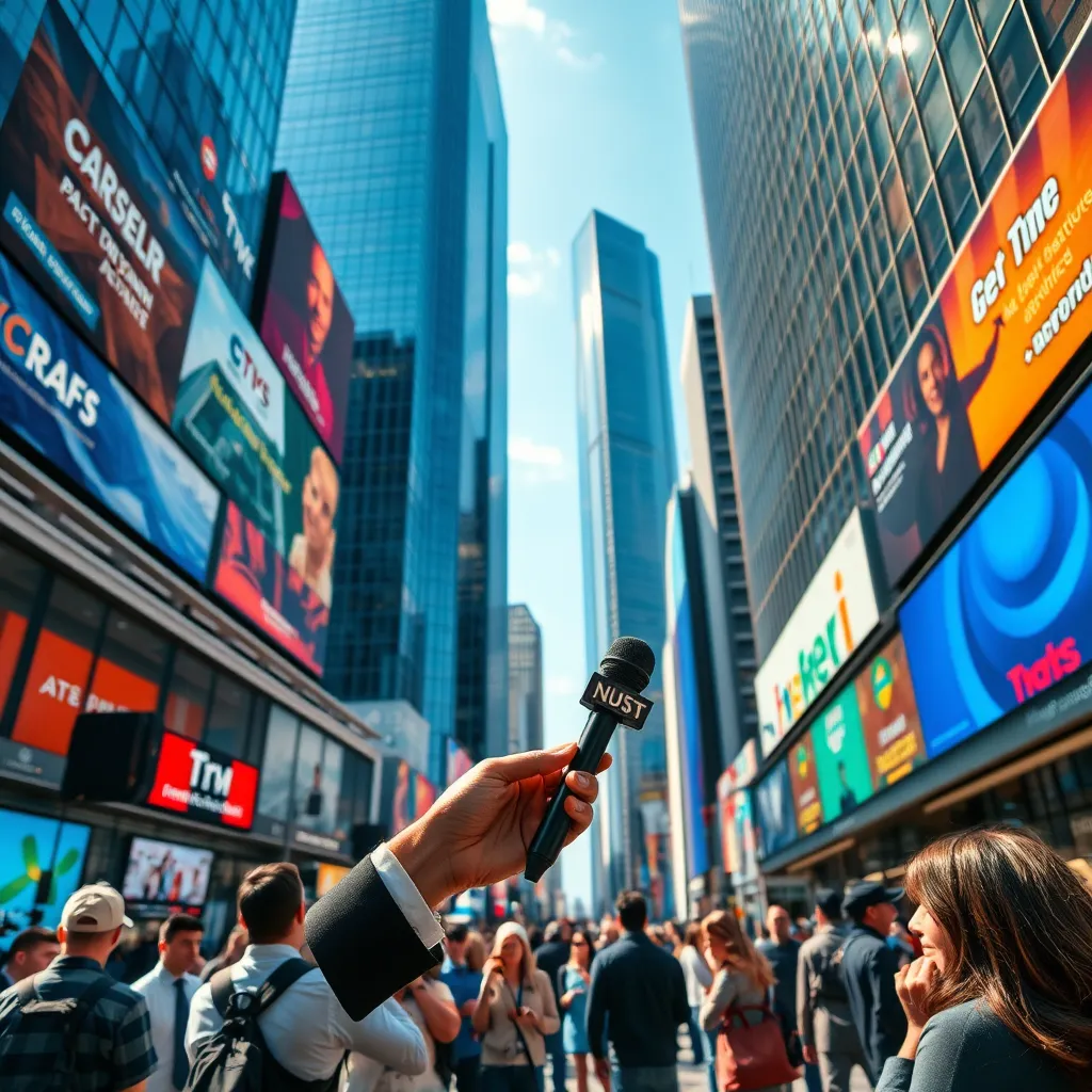 Generate a vibrant image capturing a journalist in a bustling urban environment, holding a microphone while reporting live on property news. This scene should be set against a backdrop of a modern cityscape, featuring high-rise buildings and colorful billboard advertisements. Use bright, natural daylight to evoke a sense of urgency and excitement in the air, with reflections on glass structures adding dynamic elements. The camera angle should be slightly low, capturing a sense of grandeur in the surroundings. Include additional elements such as a news crew in the background and crowd members listening intently. The mood should convey energy and engagement, with rich colors like blue, red, and white to signify communication and news. The final composition should be ultra-high quality, hyperrealistic, and designed for 8K resolution.