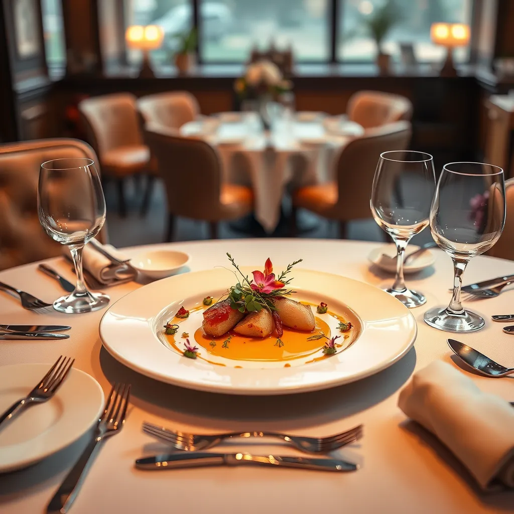 Generate an ultra-detailed, photorealistic image of a gourmet plated dinner service. The table is elegantly set with fine china, silverware, and crystal glasses, arranged for a multi-course meal. The centerpiece is a beautifully plated main course, artistically garnished with fresh herbs and edible flowers. The lighting is warm and intimate, creating a sophisticated ambiance. The color palette includes rich, warm tones, with accents of gold and ivory. Capture the scene from a slight overhead angle to emphasize the symmetry and arrangement of the dish and table setting. Every detail, from the texture of the tablecloth to the glistening sauce on the plate, should be crisply defined. Background elements include a gently blurred fine dining environment, featuring plush chairs, tasteful decor, and soft ambient lighting. The overall style should evoke the refined elegance found in the works of noted food photographers. Image needs to be in 8K resolution, hyperrealistic, and extremely detailed.