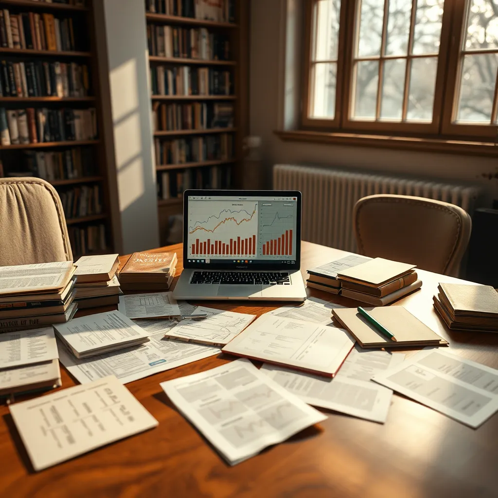 Generate an ultra-high-quality image depicting an analytical workspace with books, papers, and a laptop displaying complex graphs. Soft natural light filters through a large window, creating a warm, inviting atmosphere. The color palette features earthy tones of brown and green, representing knowledge and wisdom. Capture the scene from a top-down angle, showcasing the organized chaos of notes and research materials spread across a polished wooden table. Textures should include the roughness of book covers, the smoothness of the laptop, and the softness of a cozy chair nearby. In the background, display a bookshelf filled with various titles, hinting at a wealth of information. Style references should align with the work of photojournalist Christopher Anderson, highlighting the meticulous study and research involved in news analysis. The image should be hyperrealistic, rich in detail and depth, with a resolution of 8K.