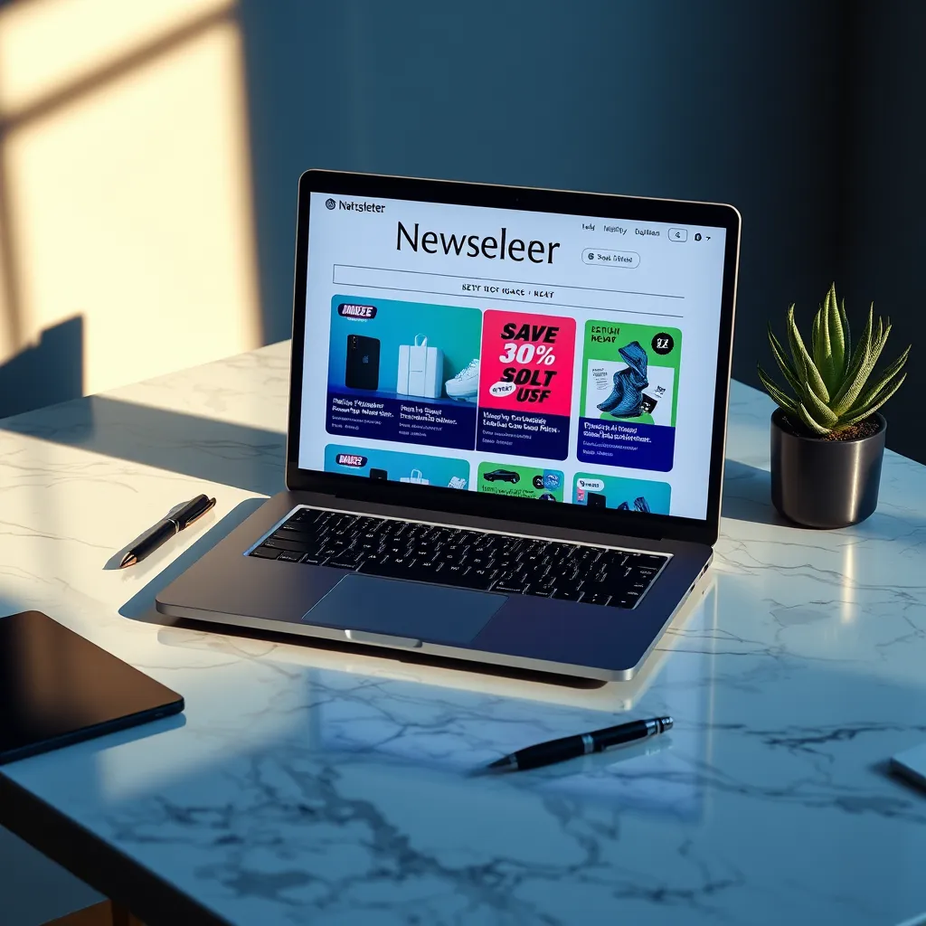Generate an ultra-high-quality image of a beautifully designed newsletter on a laptop screen placed on a marble desk. The laptop displays vibrant images of products with accompanying discount information. The scene is lit by dramatic side lighting that highlights the glossy surface of the desk while casting interesting shadows. The color palette consists of rich blues and greens, creating an energetic and engaging atmosphere. Include subtle details like a stylish pen and a small succulent plant in the background to portray creativity. Capture this scene from a direct overhead perspective to focus on the laptop's screen. The overall composition should feel modern and clean, rendered in hyperrealistic detail, targeting 8K resolution with intricate textures.
