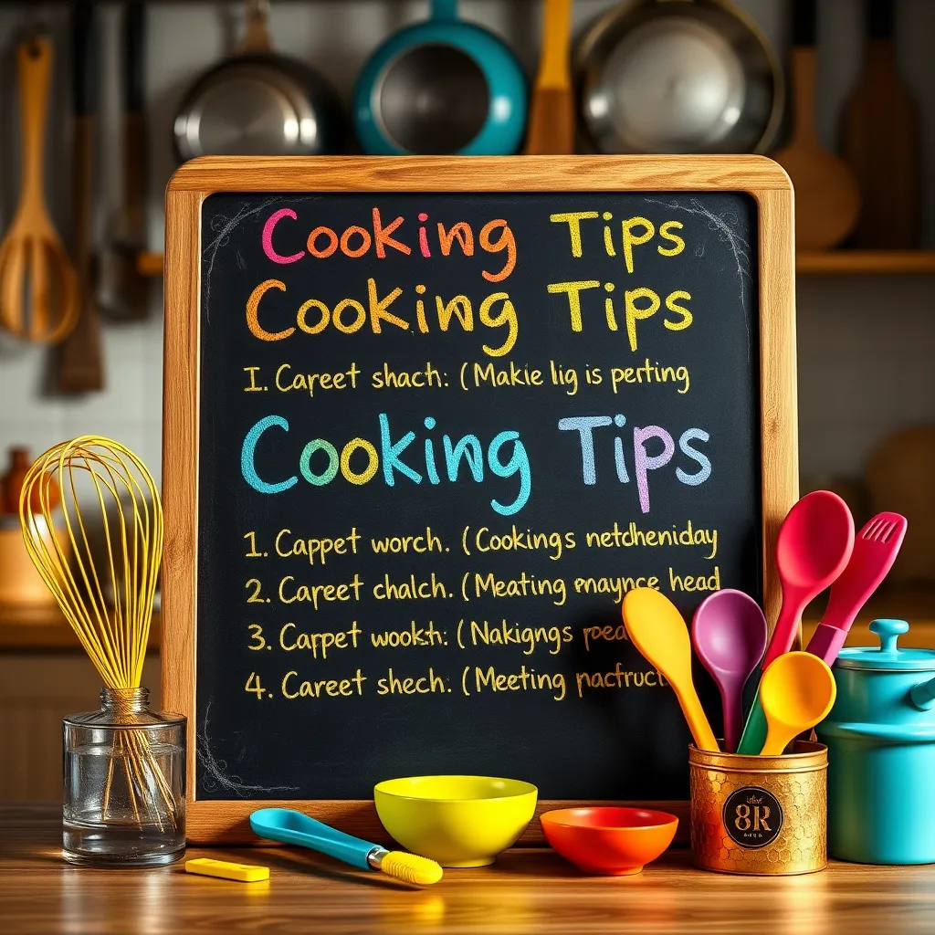 Generate an ultra-high-quality image featuring a colorful chalkboard filled with handwritten cooking tips in bright, playful letters. Surround the chalkboard with kitchen utensils such as whisks, spatulas, and measuring cups, all in vibrant colors. Utilize dramatic side lighting to create dynamic shadows and highlight the textures of the chalkboard and utensils. The background should hint at a cozy kitchen ambiance, with a blurred view of pots and pans hanging on the wall. The overall mood is lively and creative, with a color palette of warm yellows, blues, and greens to inspire joy in cooking. Capture this scene in hyperrealistic style, focusing on the chalk texture and reflective surfaces, all in 8K resolution.