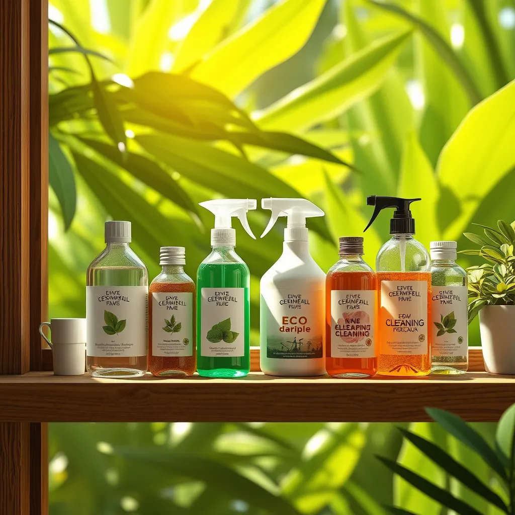 High-quality photorealistic image of attractive, eco-friendly cleaning products on a wooden shelf. Include a green leaf background, bottles with eco-friendly labels, and a natural, sunlit atmosphere to emphasize sustainability.