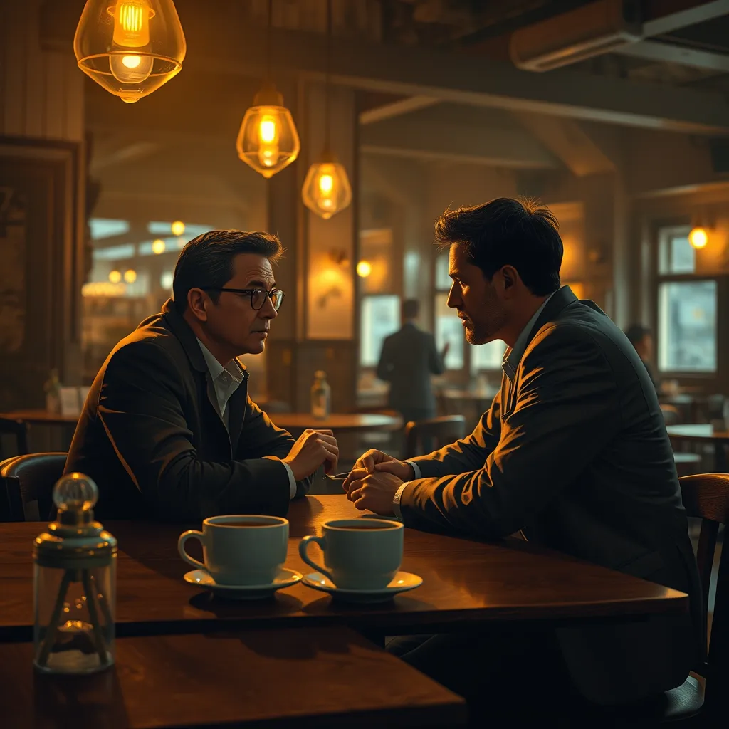 Illustrate a dramatic scene of an investigative reporter interviewing a source in a dimly lit café. The atmosphere is tense yet intimate, with warm, golden lighting from overhead fixtures creating a focal point on the conversation. The color scheme should range from deep browns to soft ambers, suggesting a late-evening ambiance. Capture the scene with a low-angle view that brings depth, emphasizing the seriousness of the discussion. Textures are rich, from the worn wooden tables to the smooth ceramic coffee cups. Background elements include blurred silhouettes of patrons and subtle café decor, enhancing the undercover feel. Include atmospheric steam rising from coffee mugs for added detail. Style references should mimic the works of documentary photographers, focusing on capturing authentic moments. The image must be hyperrealistic and in 8K resolution for maximum clarity.
