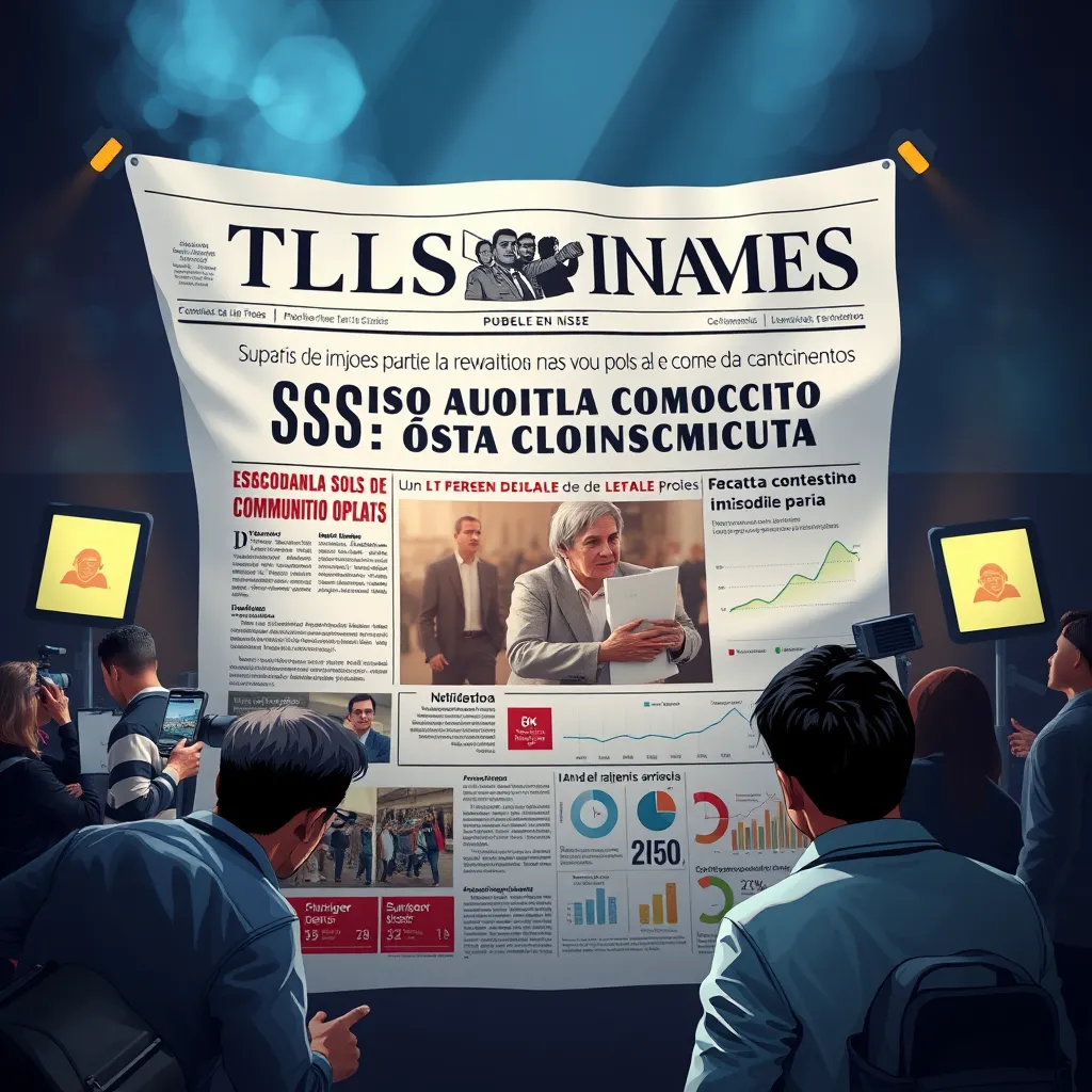 Illustrate a dramatic scene of a Spanish newspaper's front page showcasing a prominent social issue. Include bold headlines, captivating images, and charts depicting community impact, while showing journalists and citizens interacting to signify engagement in public discourse.