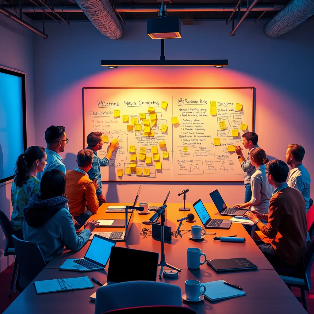 Illustrate a vibrant, high-quality image capturing a dynamic news content creation workshop in progress. In the center, a diverse group of participants is actively engaged, brainstorming and writing on large whiteboards filled with colorful sticky notes and diagrams. The scene is illuminated by dramatic side lighting, which casts interesting shadows and highlights the enthusiasm and creativity of the participants. The color palette includes vibrant hues like bright blues, oranges, and yellows to evoke energy and innovation. The camera angle is a wide shot from a slightly elevated perspective, capturing the entire room and the participants' interactions. Textures such as the smooth, reflective surfaces of laptops, the roughness of pen-marked whiteboards, and the participants' varied attire need to be ultra-detailed. Surrounding the main group are tables with props like notebooks, tablets, coffee cups, and microphones. The image should be rendered in 8K resolution and in a contemporary photographic style, highlighting every minute detail to reflect a hyperrealistic environment.