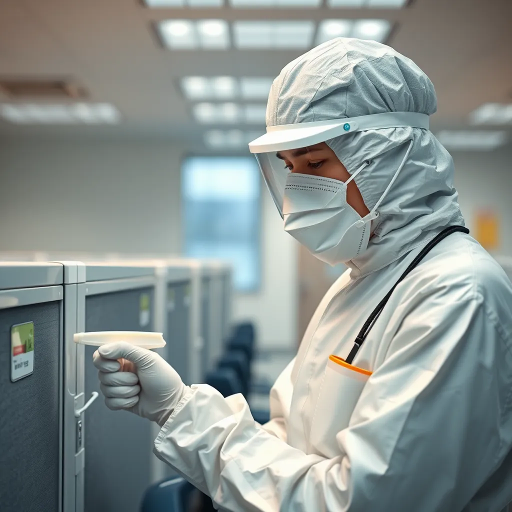 Photorealistic image of a cleaning professional in protective gear, sanitizing a public space like an office cubicle or school classroom. Include disinfectant sprays, wipes, and a focused, meticulous application to emphasize thoroughness.
