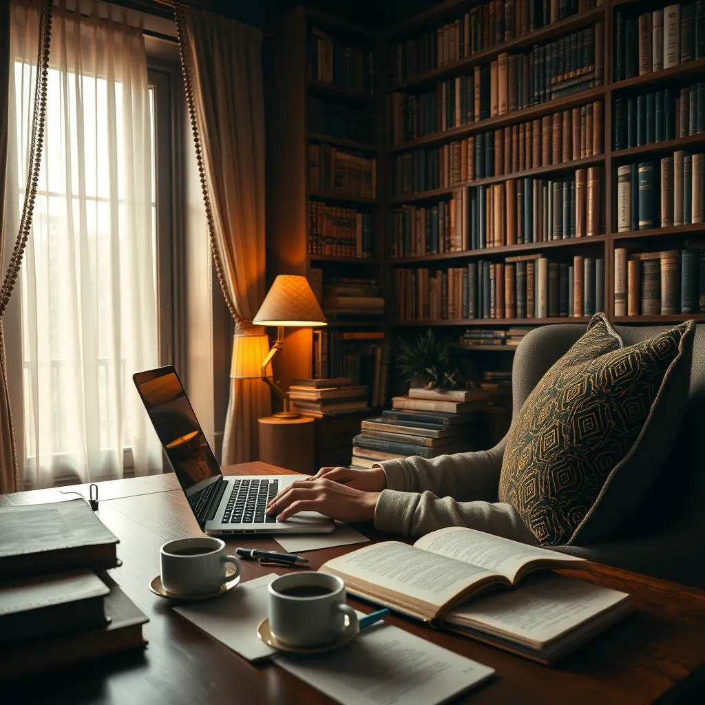 Visualize a cozy and inviting library space filled with books on diverse topics, with a well-organized desk where a writer is typing on a laptop. The ambient lighting should be warm and inviting, with light streaming in through a large window adorned with sheer drapes. The color palette should incorporate earth tones like browns and greens, suggesting depth and contemplation. Capture the scene from a close-up perspective, focusing on the writer's hands on the keyboard and scattered notes around them. Highlight textures of aged paper, polished wood surfaces, and soft fabrics of pillows on a nearby armchair. Include small props like a steaming cup of coffee and a notebook filled with handwritten thoughts. Style references should evoke a cozy reading nook, creating an inviting atmosphere. Ensure the image is hyperrealistic and ultra-detailed, rendered in 8K resolution to enhance the feeling of immersion and scholarly pursuit.