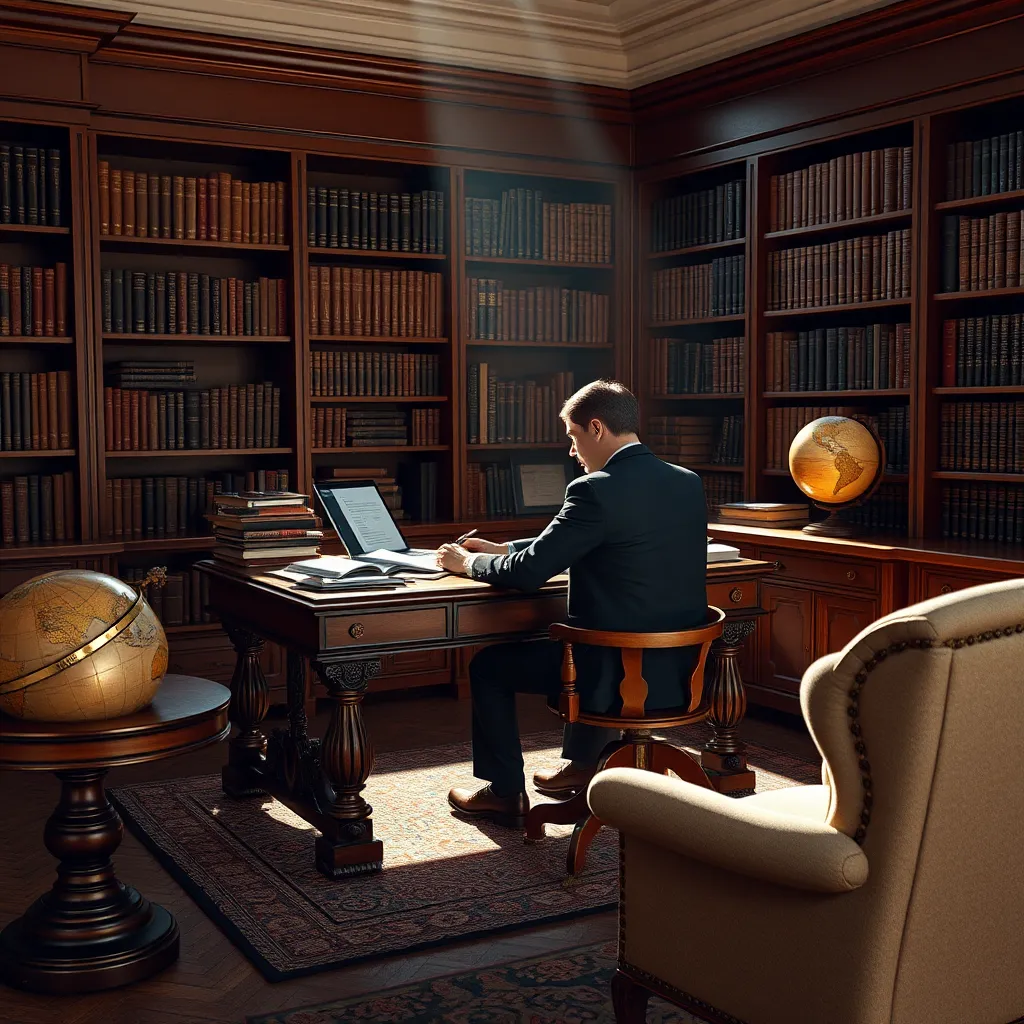 Visualize a serene study room where an expert analyst sits at an elegant mahogany desk, deeply engaged in writing a report. The desk is elegantly cluttered with financial books, charts, and a sleek laptop. Utilize dramatic side lighting to accentuate the profile of the analyst, casting deep shadows that add to the focus on concentration. The color palette should consist of warm browns, soft golds, and hints of dark green, creating a sophisticated and intellectual ambiance. Capture the scene from a slight low angle to convey authority, showcasing the details of the complete room, including a large bookshelf filled with financial literature and a vintage globe in the corner. The textured materials of leather-bound books, polished wood, and soft fabric of an armchair should be vividly portrayed. The overall mood should be one of introspection and knowledge, styled in a manner reminiscent of classic literature illustrations, with a technical detail of ultra-detailed clarity and a resolution of 8K.