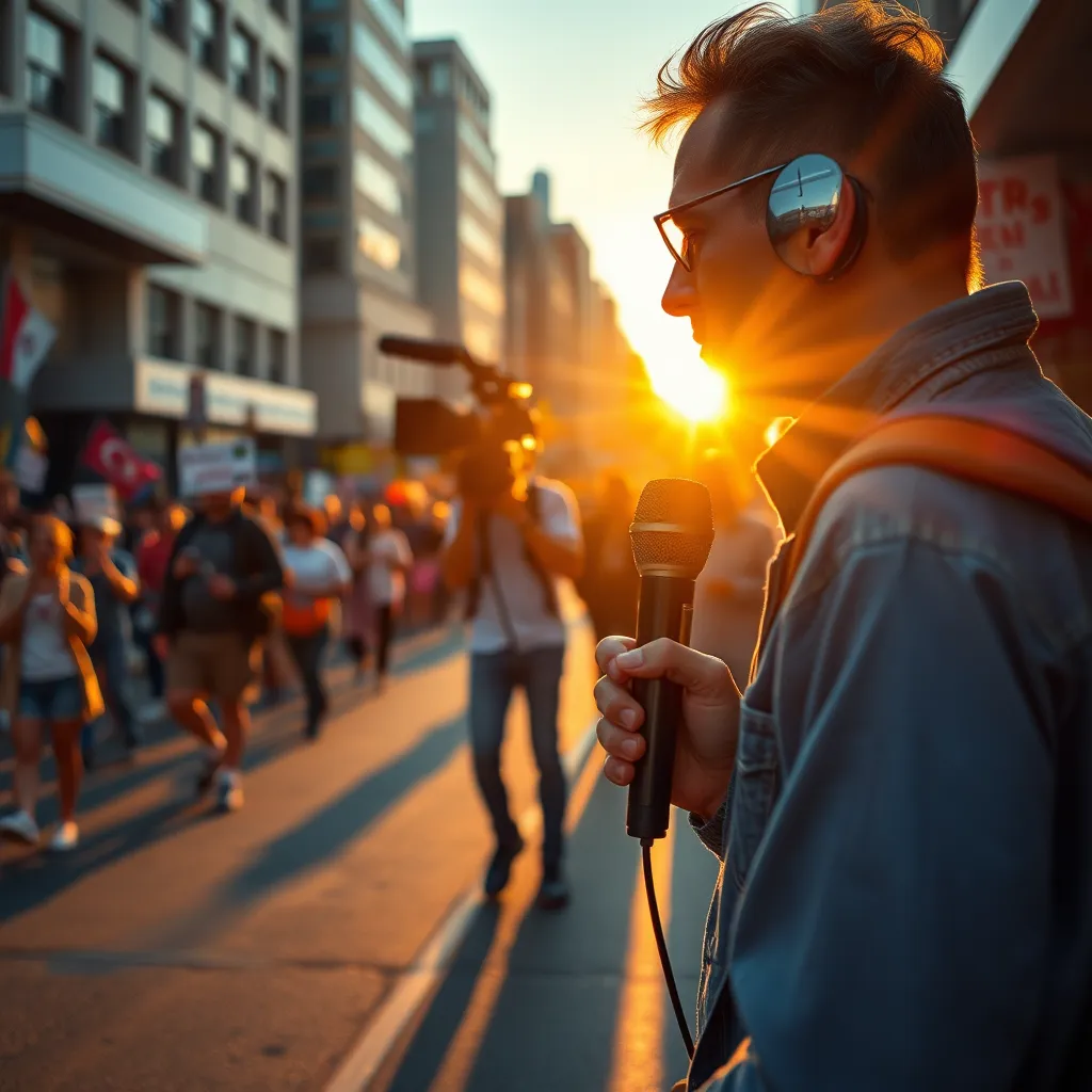 Visualize an action-packed scene of a reporter conducting a live broadcast on-location in a dynamic environment, such as a busy street during an event. The composition should emphasize dramatic side lighting from the setting sun, casting long shadows and creating a vibrant golden hour effect. Incorporate a color palette of warm oranges and cool blues, evoking excitement and urgency. The angle should be framed from the side, capturing the reporter holding a microphone, with an engaged crowd in the background. Textures should include the rough surface of the pavement, the glint of camera equipment, and the fabric of the reporter's clothing. Add elements of the event behind the reporter, like colorful banners or a crowd holding signs. Style references can draw inspiration from the documentary photography of Garry Winogrand, capturing the spontaneity and energy of live reporting. Aim for a hyperrealistic and cinematic composition in 8K resolution that conveys the live aspect of journalism.