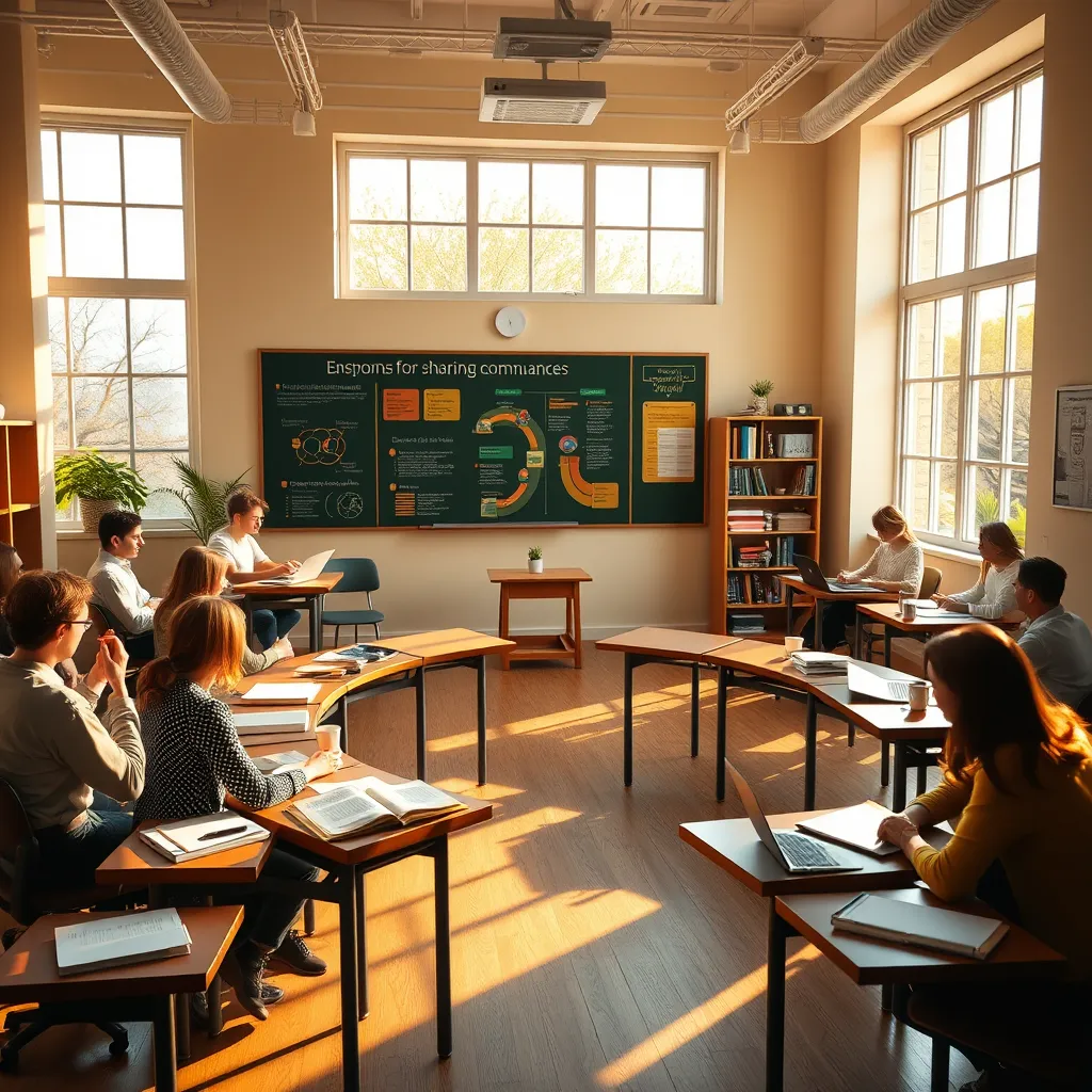 Visualize an inviting and scholarly classroom setting, filled with interactive learning tools and resources about effective communication strategies for sharing grievances. The room should be bathed in warm, soft light from large windows, creating an inviting and inspiring mood. Include a color palette of soft yellows, warm whites, and deep greens to foster a calm and productive atmosphere. The composition should showcase a circular arrangement of desks where engaged participants are taking notes and discussing passionately. Add details like a chalkboard filled with diagrams and colorful charts demonstrating communication techniques. Include props such as textbooks, laptops, and coffee mugs to enhance the learning environment. This image should have a cozy, welcoming vibe, reminiscent of a modern educational setting, produced in high-quality 8K resolution with hyperrealistic detail.