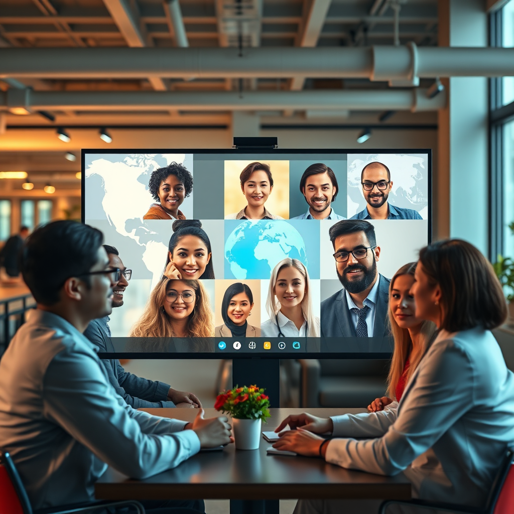 A 4K photorealistic image representing the collaborative spirit of the Online Global Business Alliance. Imagine diverse business professionals from around the world engaging in a virtual meeting, displayed on a large holographic screen. The lighting should be warm and inviting, emanating from the screen and reflecting on the faces of the participants. The color palette should be diverse and inclusive, reflecting the global nature of the alliance. The camera angle is a medium shot, focusing on the faces and expressions of the participants, conveying a sense of connection and collaboration. The environment is a modern, open office space with subtle nods to different cultures. The overall style is realistic, aiming for a visually appealing representation of global collaboration.