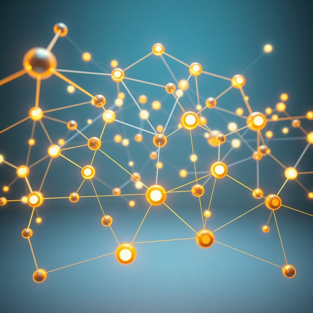 A network of interconnected nodes, each representing a business, linked by glowing lines of light. The nodes are diverse in shape and size, symbolizing the variety of businesses in the alliance. The lighting is soft and inviting, with a warm color palette of gold, blues, and greens. The camera angle is a wide, panoramic shot, capturing the vastness of the global network. The background is a clean, modern space, emphasizing the interconnectedness of the nodes. The overall style is stylized and futuristic, representing the power of collaboration.
