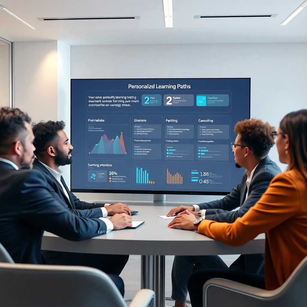 A photorealistic image depicting a diverse group of business professionals engaging in a virtual coaching session. A sleek, futuristic interface displaying personalized learning paths and progress tracking should be prominently featured. The scene should be brightly lit and convey a sense of collaboration and empowerment.