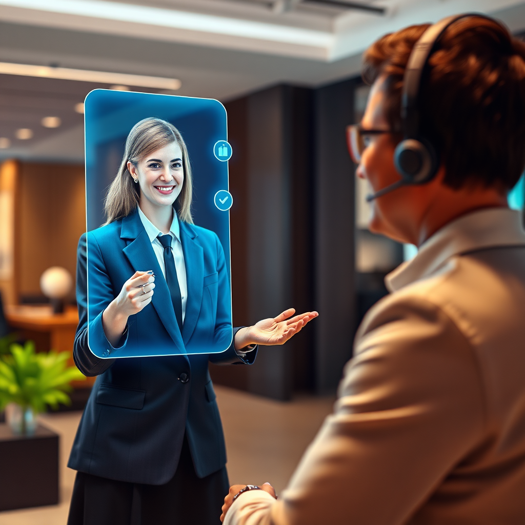 A photorealistic image of a business professional receiving personalized support from a virtual assistant, displayed on a holographic screen. The assistant is friendly and approachable, offering guidance and assistance. The lighting is warm and inviting, creating a sense of trust and support. The color palette is professional and calming, with blues and greens dominating the scene. The camera angle is a medium shot, focusing on the professional and the virtual assistant. The background is a modern, open office space, emphasizing the personalized nature of the support.
