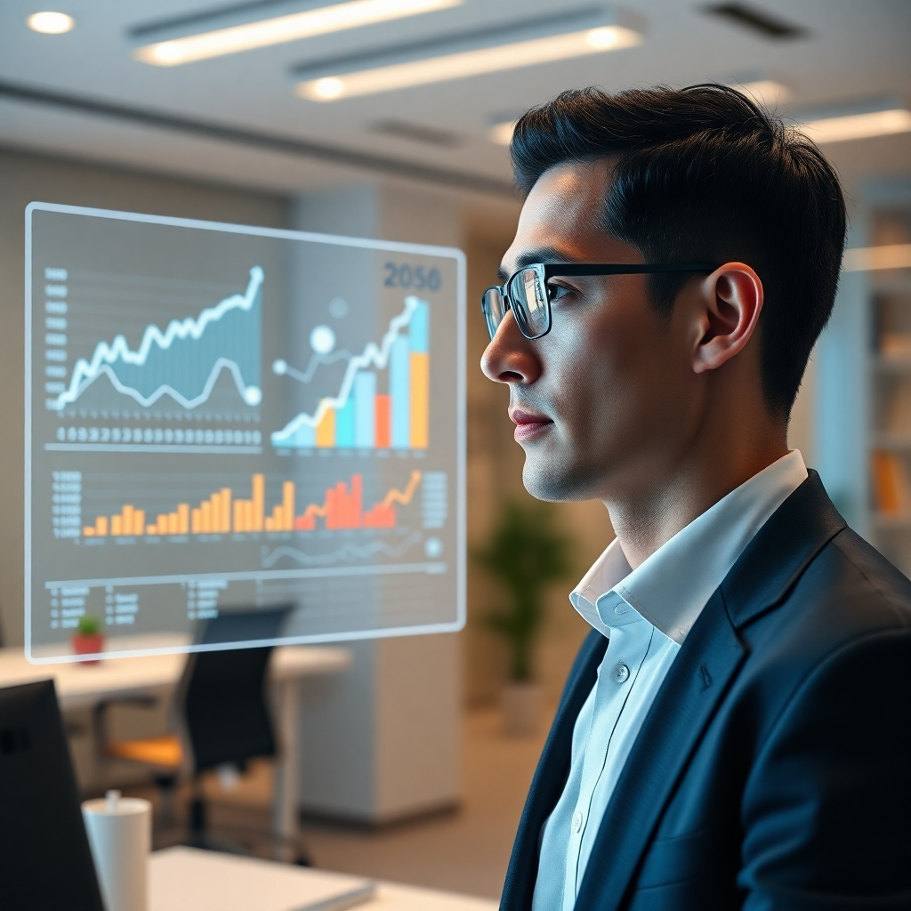 A photorealistic image of a businessperson looking at a holographic projection displaying dynamic business charts and graphs, powered by AI, with a futuristic, clean office background. The charts should show positive growth trends. The overall mood should be one of confidence and innovation.